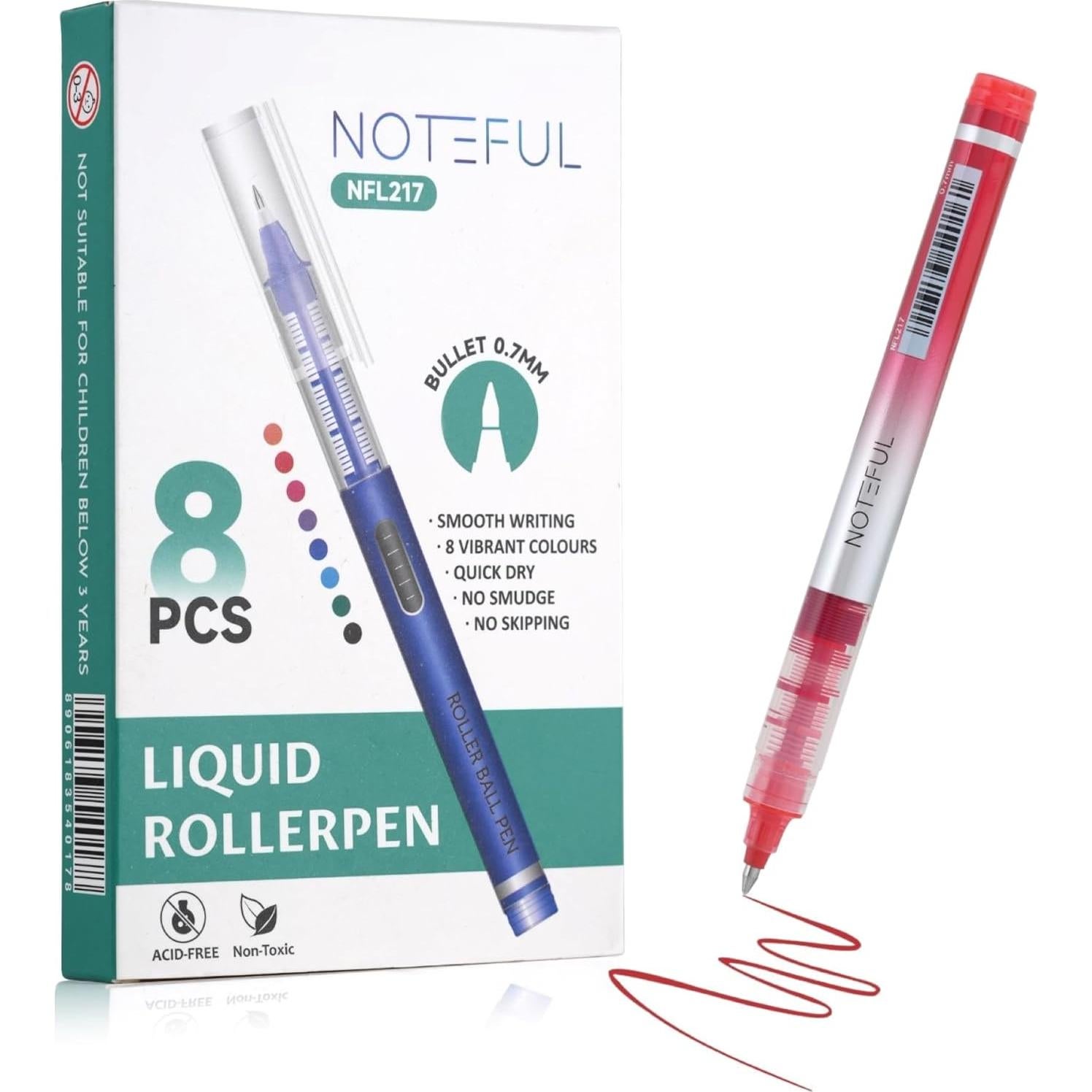 Set de Bolígrafos Rollerball NOTEFUL 0.7mm Multicolor 8 Pzs