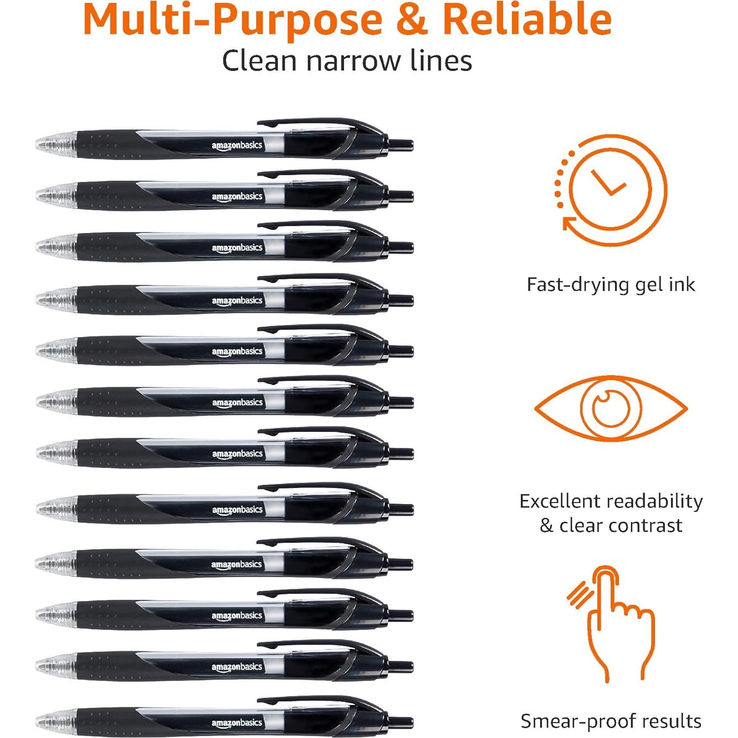 Bolígrafos de Gel Retráctiles Amazon Basics, Punta Fina 0.7mm, Negro, Paquete de 12