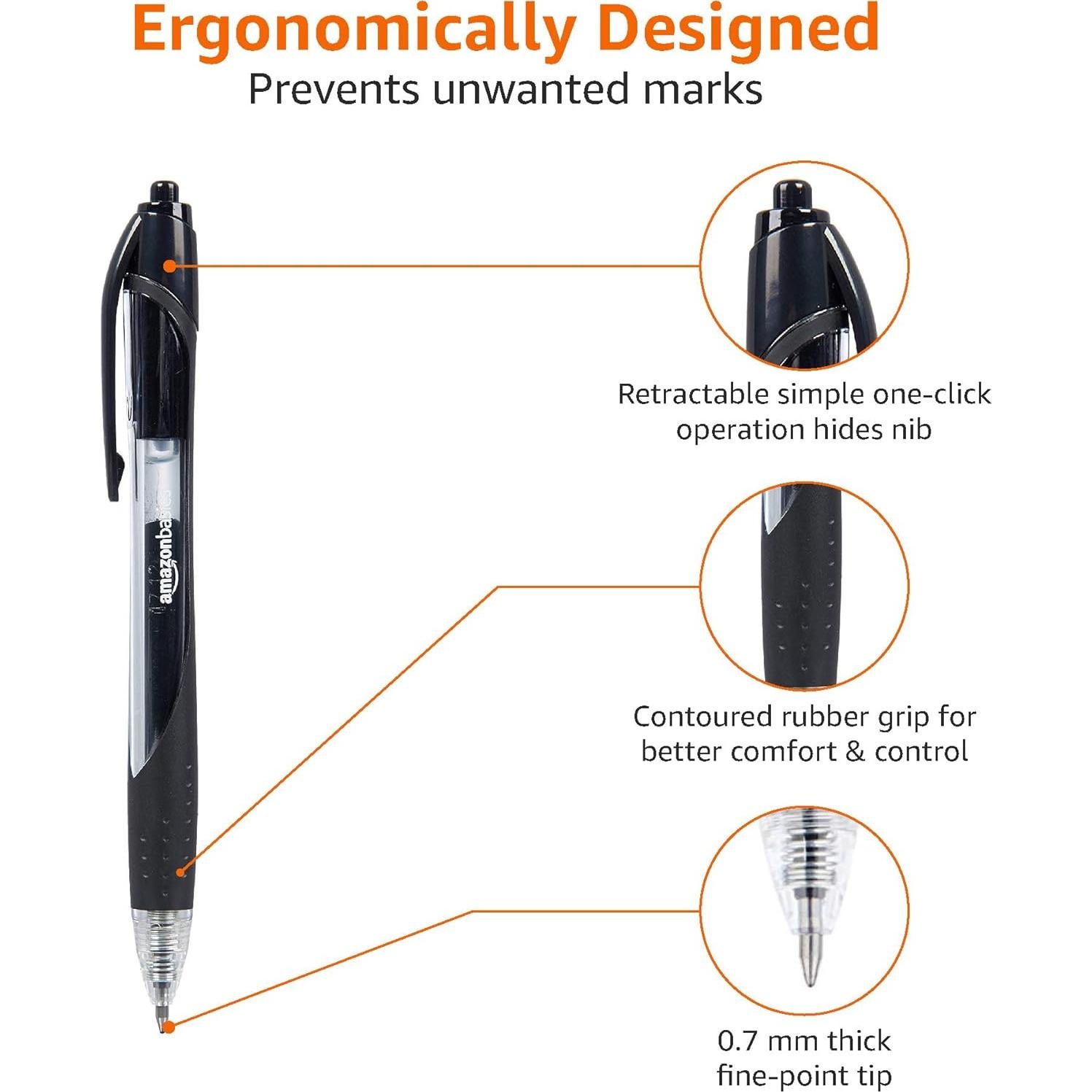 Bolígrafos de Gel Retráctiles Amazon Basics, Punta Fina 0.7mm, Negro, Paquete de 12