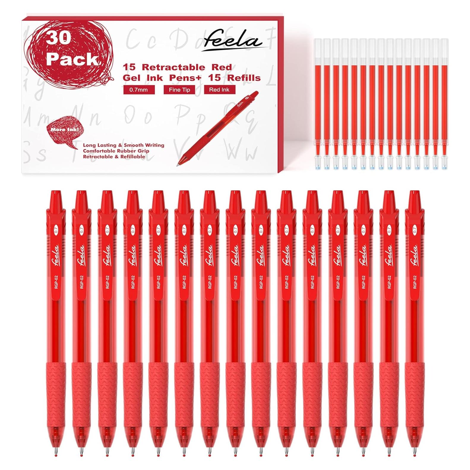 Set de 30 Bolígrafos de Gel Retráctiles Feela Tinta Roja 0.7mm
