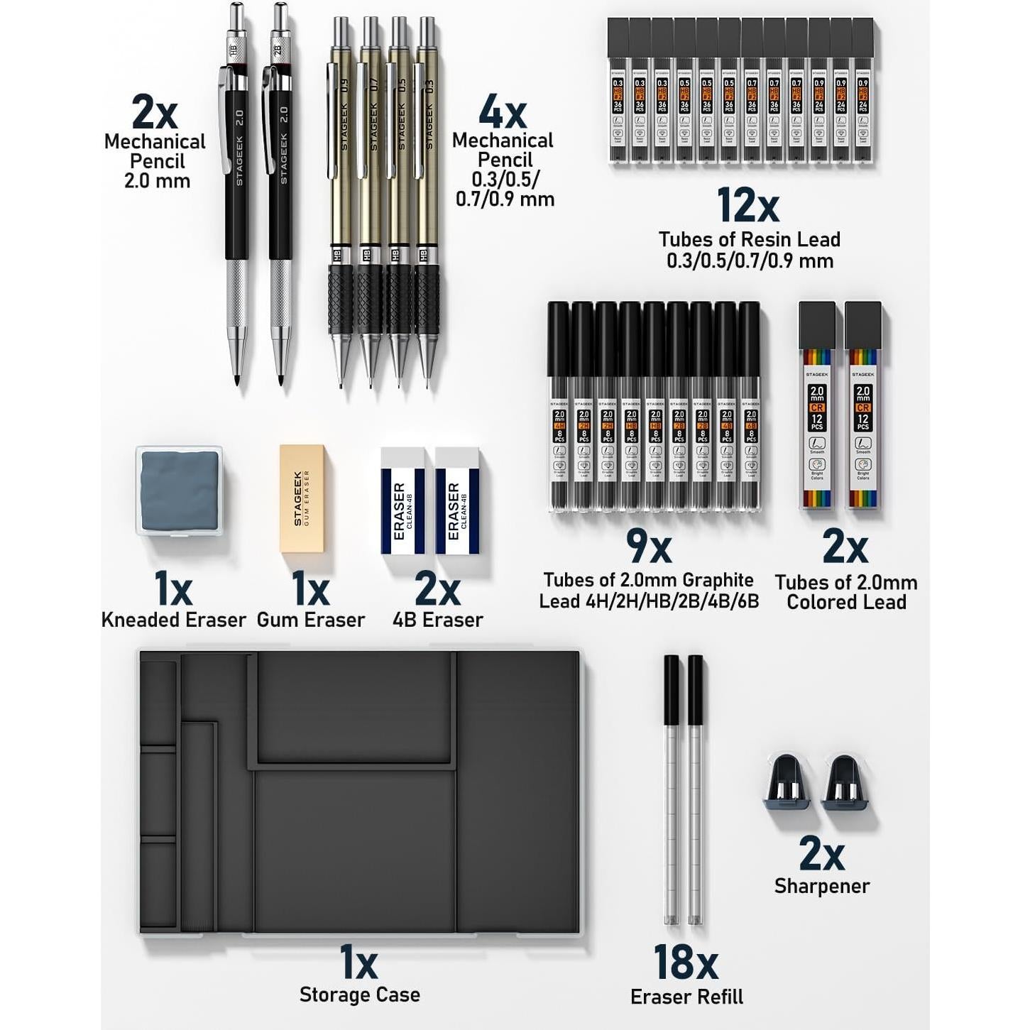 Set de Lápices Mecánicos STAGEEK 37PCS con 492 Minas