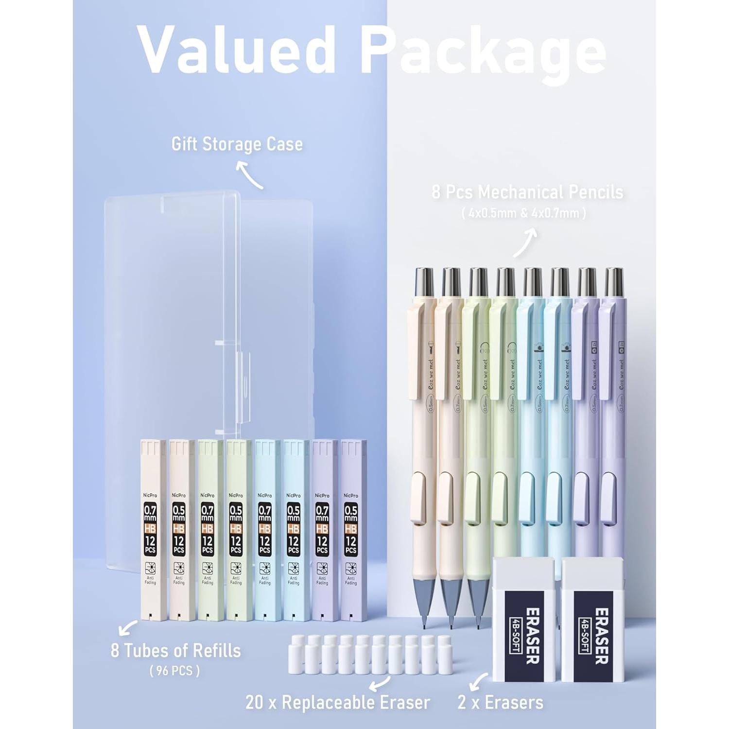 Conjunto de Lápices Mecánicos Nicpro 8PCS 0.5 y 0.7mm