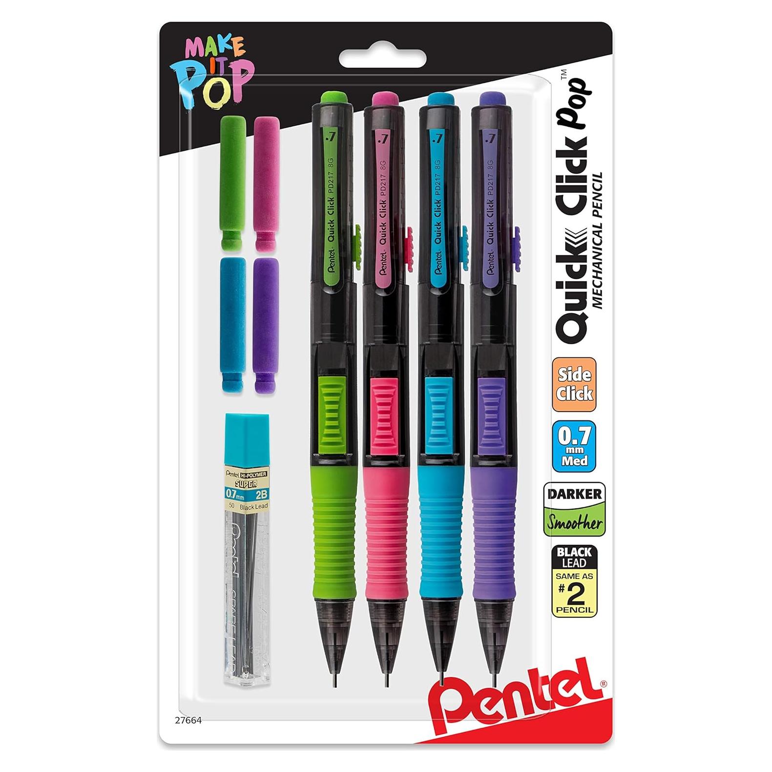 Lápiz Mecánico Pentel Quick Click Pop 0.7mm 2B con Borradores
