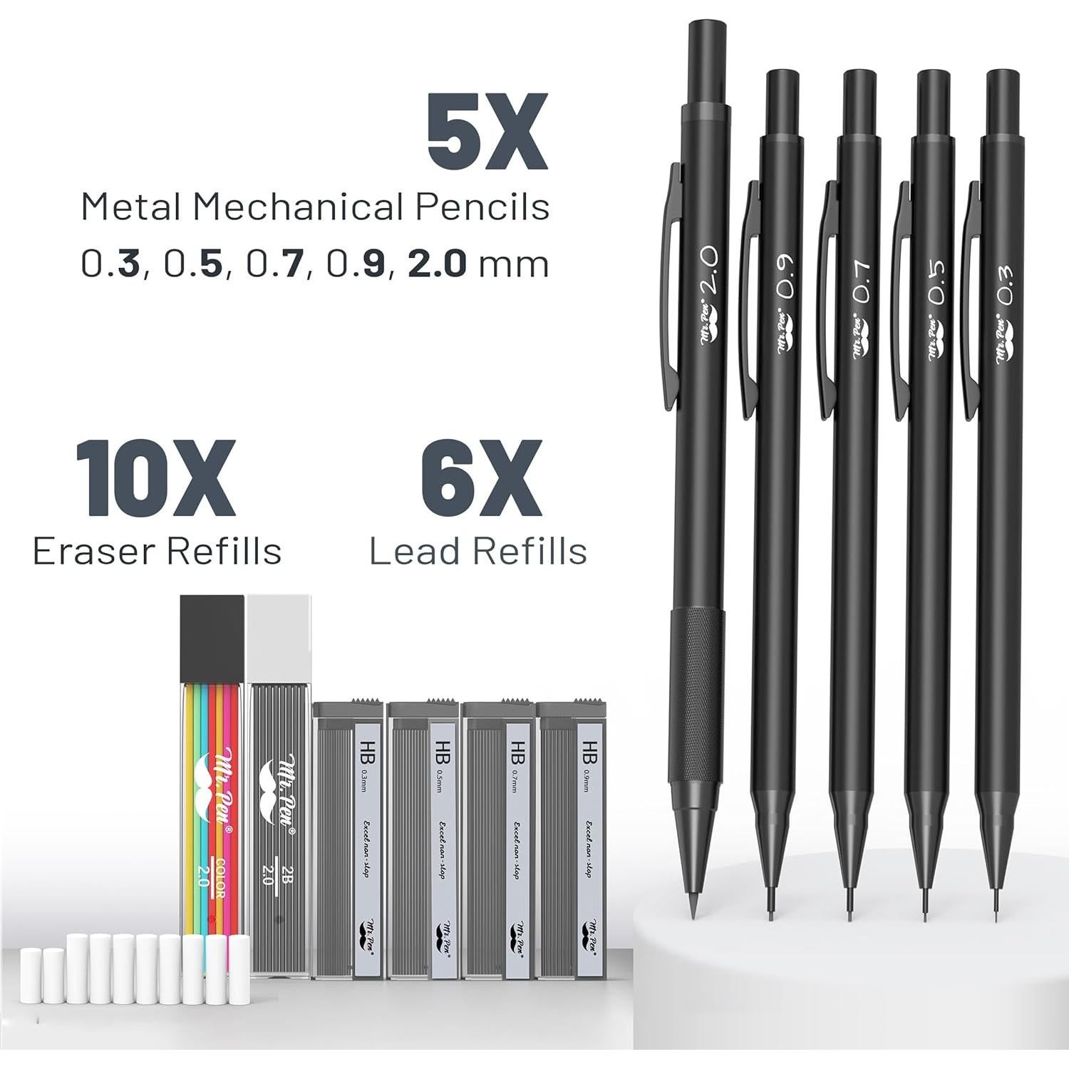 Juego de lápices mecánicos Mr. Pen de metal negro, 5 tamaños