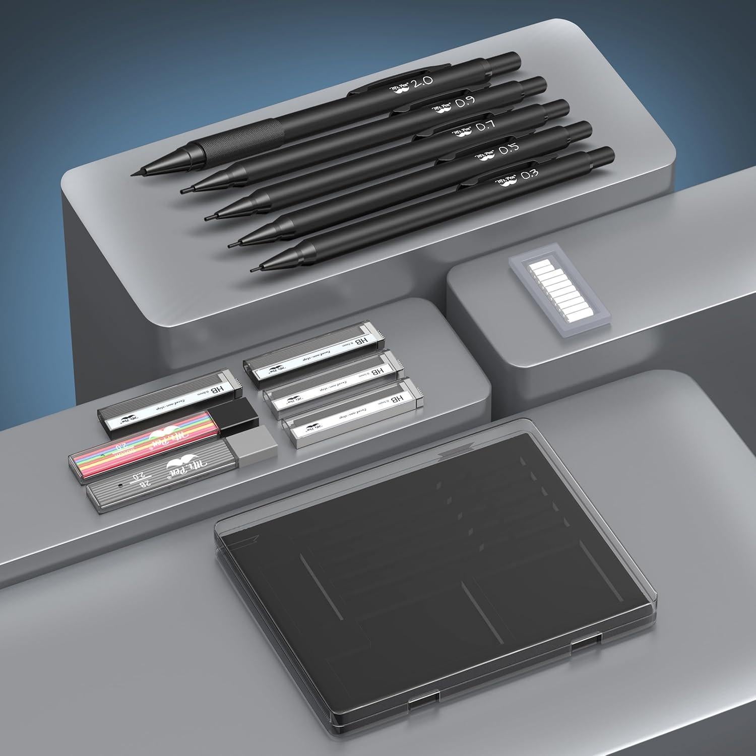 Juego de lápices mecánicos Mr. Pen de metal negro, 5 tamaños