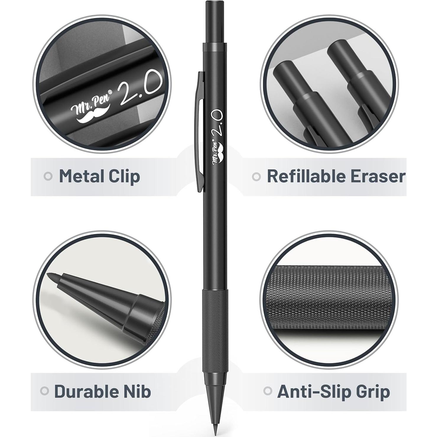 Juego de lápices mecánicos Mr. Pen de metal negro, 5 tamaños