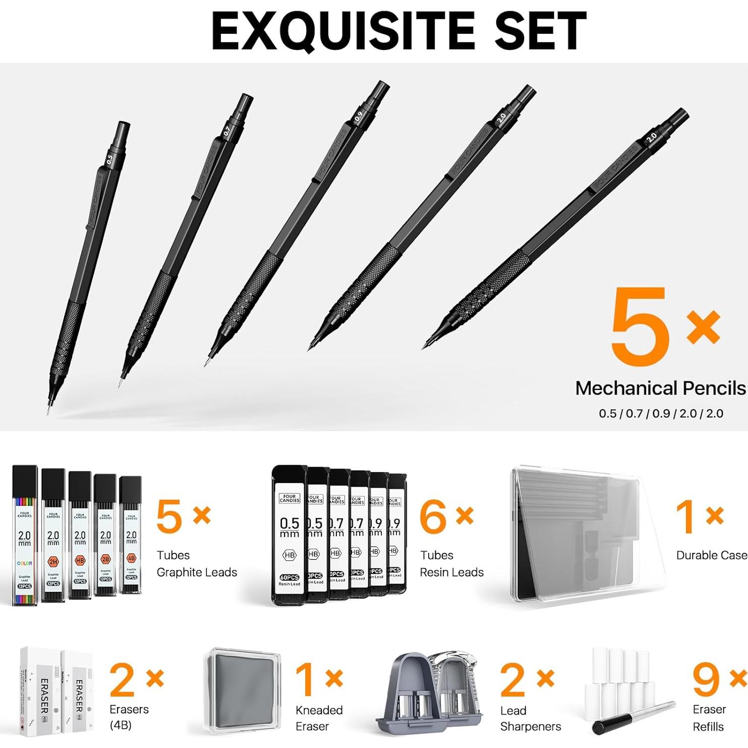 Juego de Lápices Mecánicos Metálicos Four Candies 5PCS 0.5-2.0mm