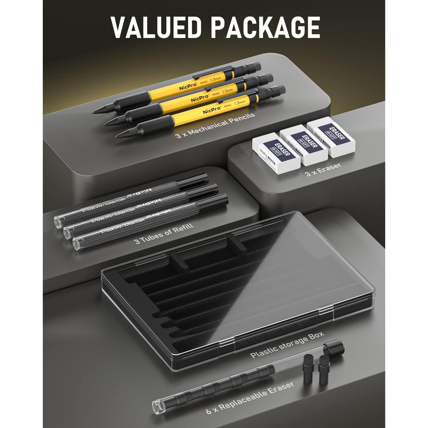 Conjunto de Lápices Mecánicos Nicpro 3 PCS 1.3 mm con 72 Recargas