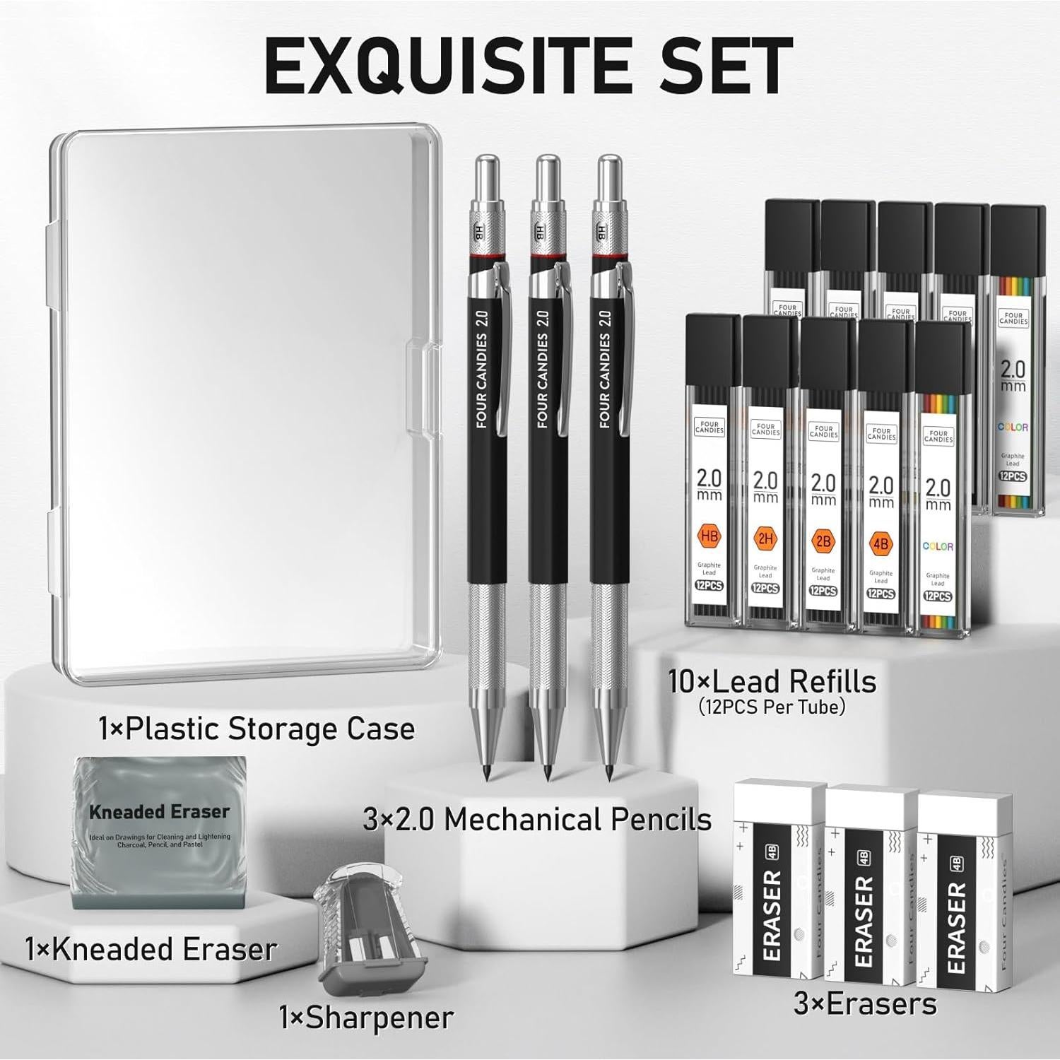 Set de Lápices Mecánicos Cuatro Caramelos 3PCS 2MM con Estuche