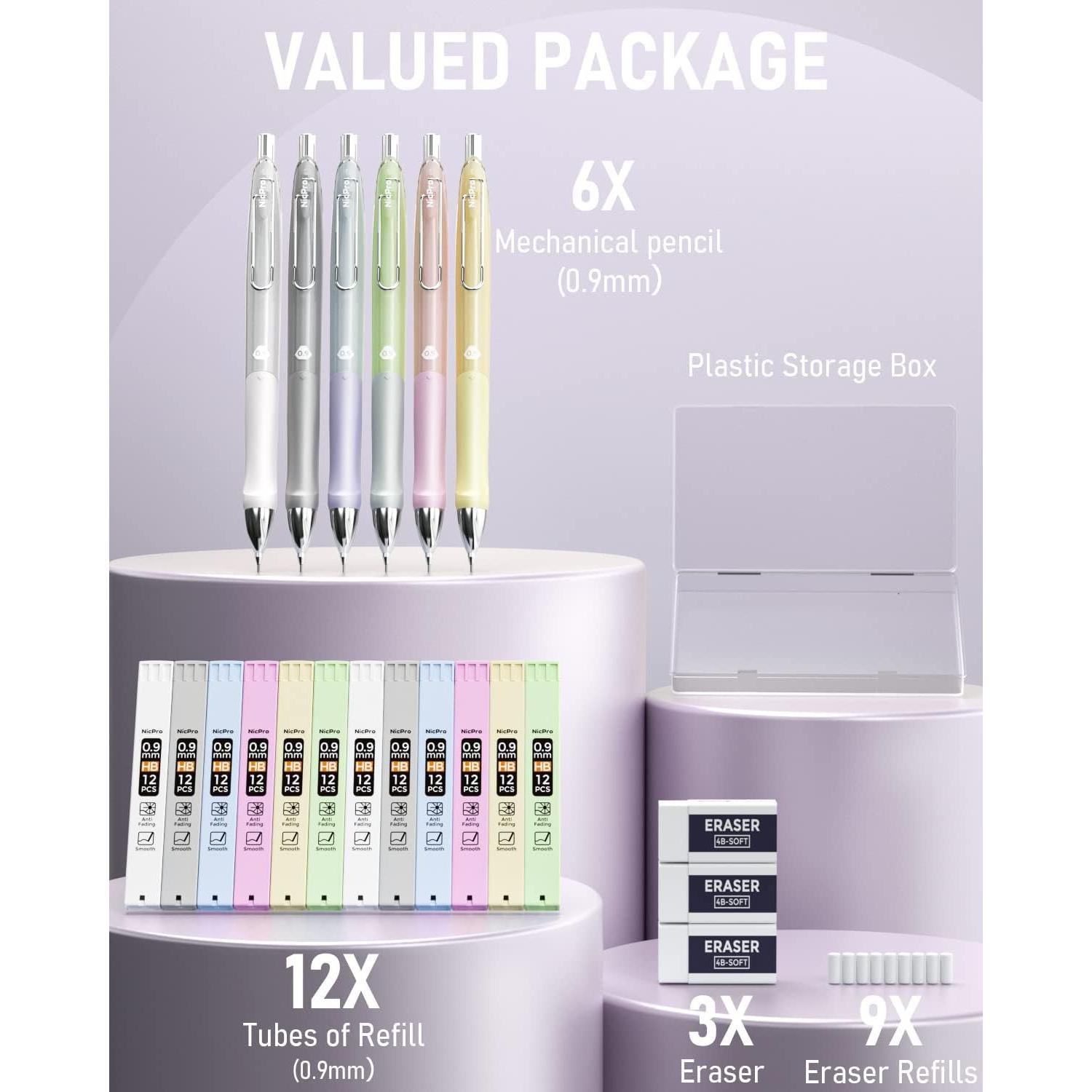 Conjunto de Lápices Mecánicos Nicpro 6PCS 0.9mm Pastel