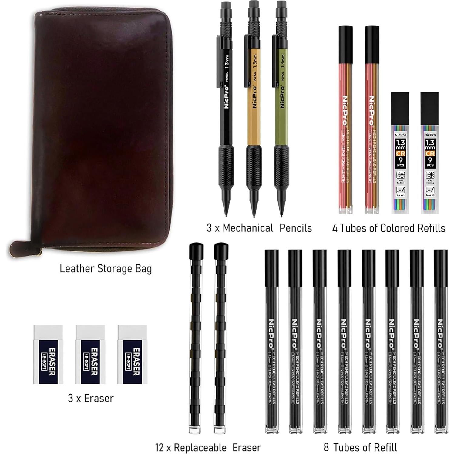 Conjunto de Lápices Mecánicos Nicpro 21 Piezas 1.3 mm en Cuero