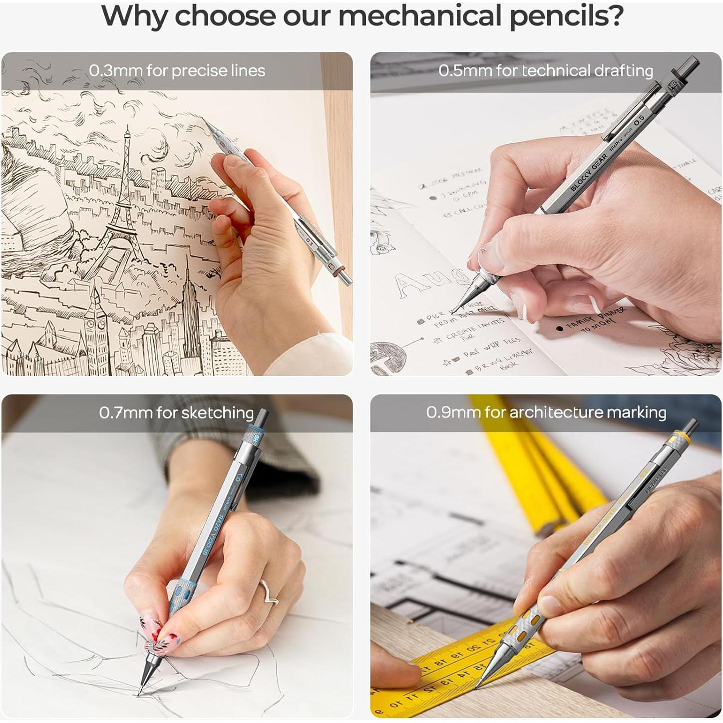 Juego de Lápices Mecánicos Nicpro 4 Pack 0.3-0.9mm con Estuche