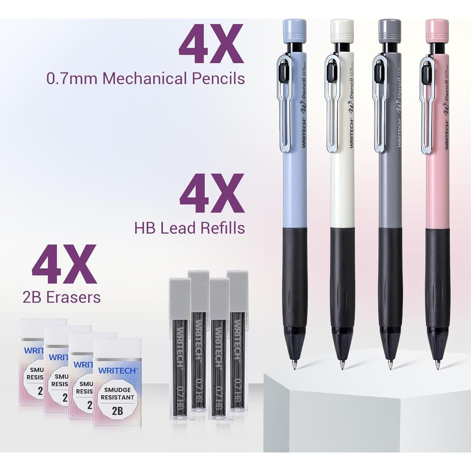 Set de Lápices Mecánicos WRITECH 0.7mm Multicolor con Borradores