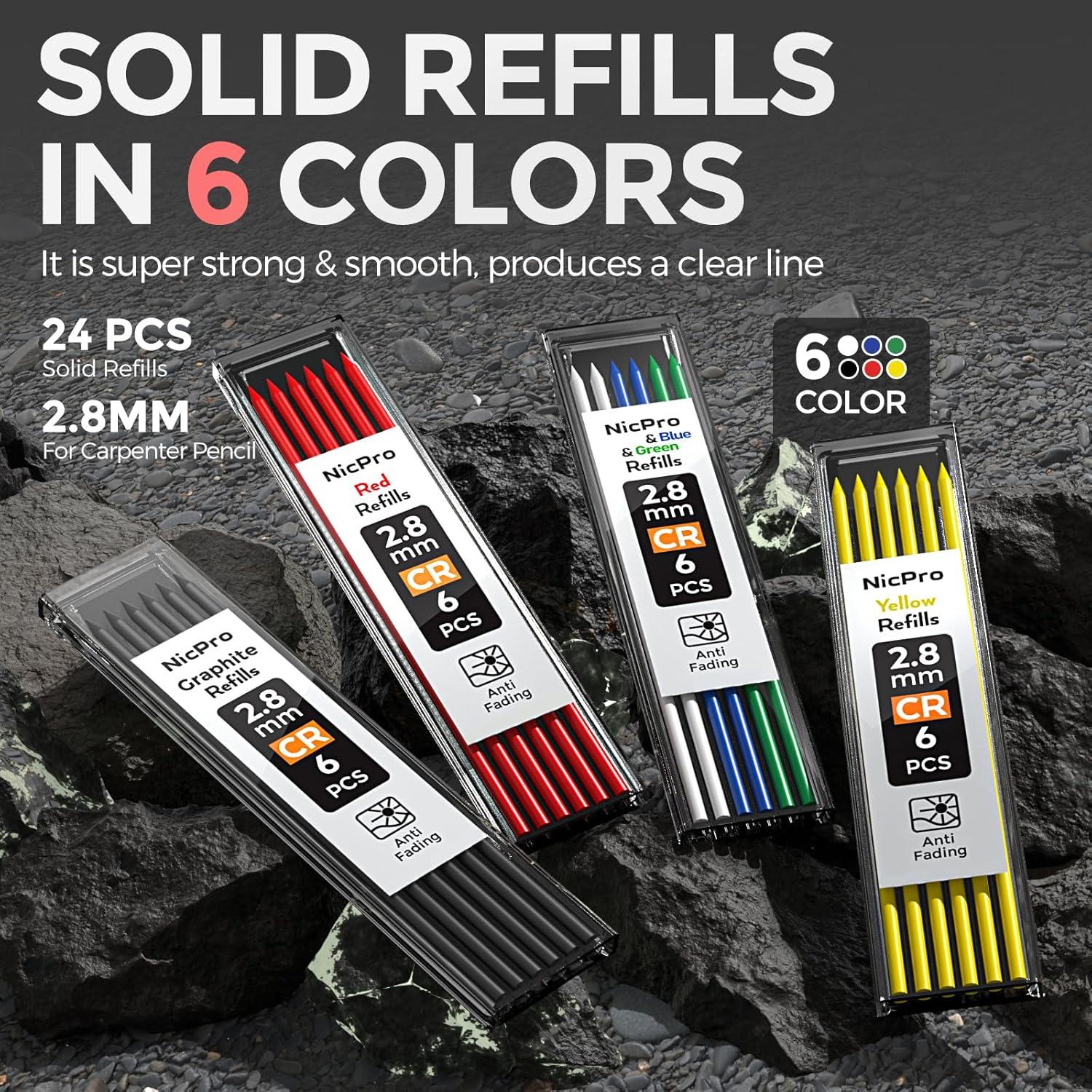 Nicpro Lápiz de Carpintero Mecánico 2 Pack con Sacapuntas y 26 Recargas