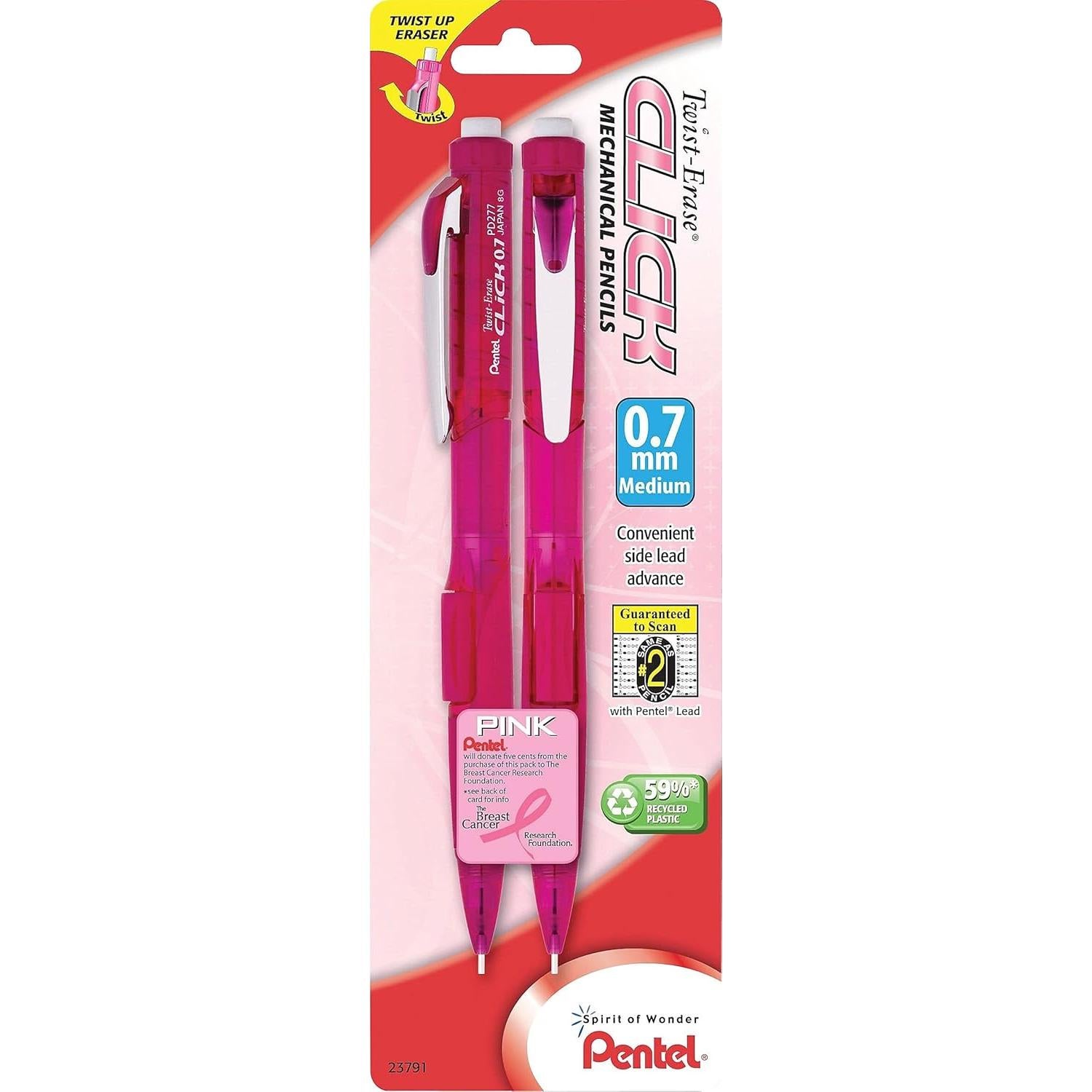 Lápiz Mecánico Pentel Twist-Erase Click 0.7mm Rosa 2/Paq