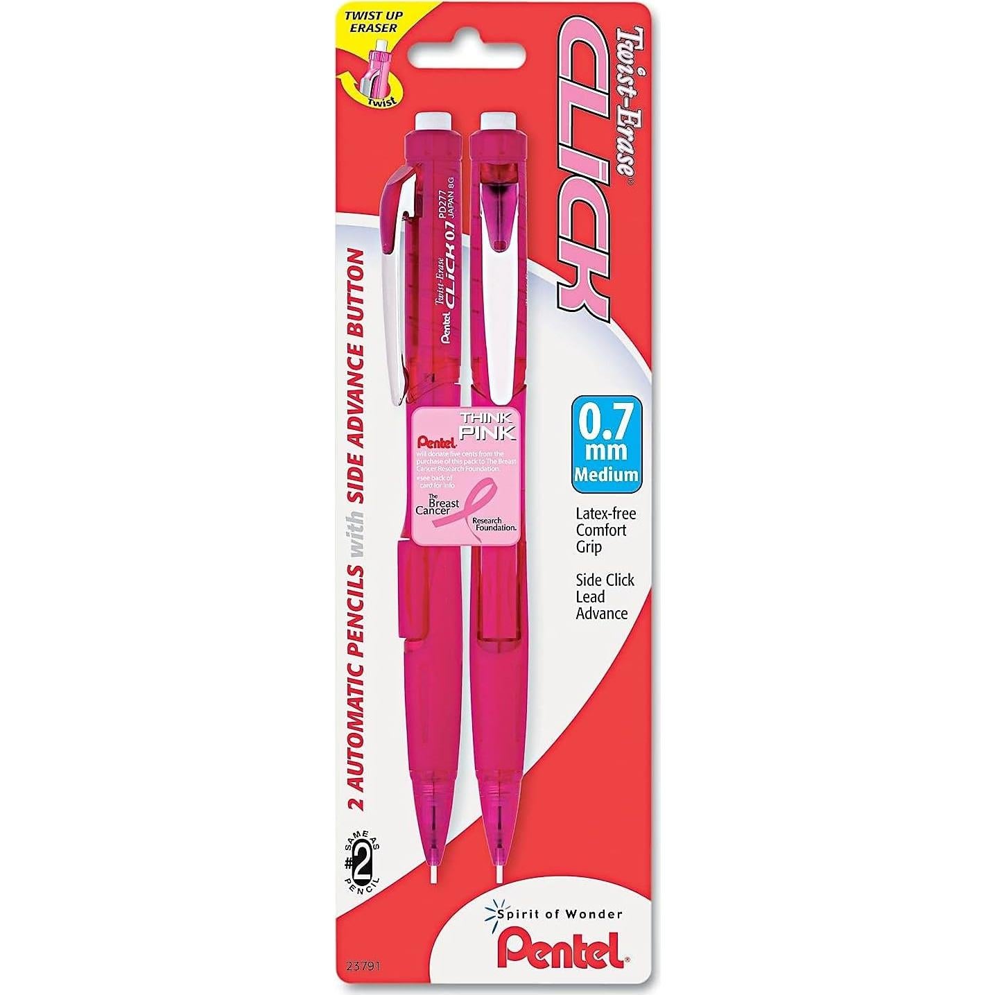 Lápiz Mecánico Pentel Twist-Erase Click 0.7mm Rosa 2/Paq