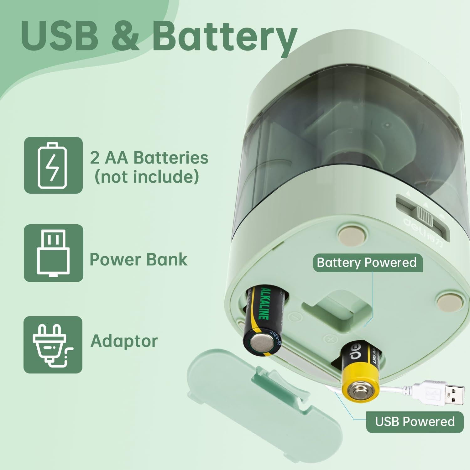 Afilador Eléctrico de Lápices Deli Verde USB y Batería