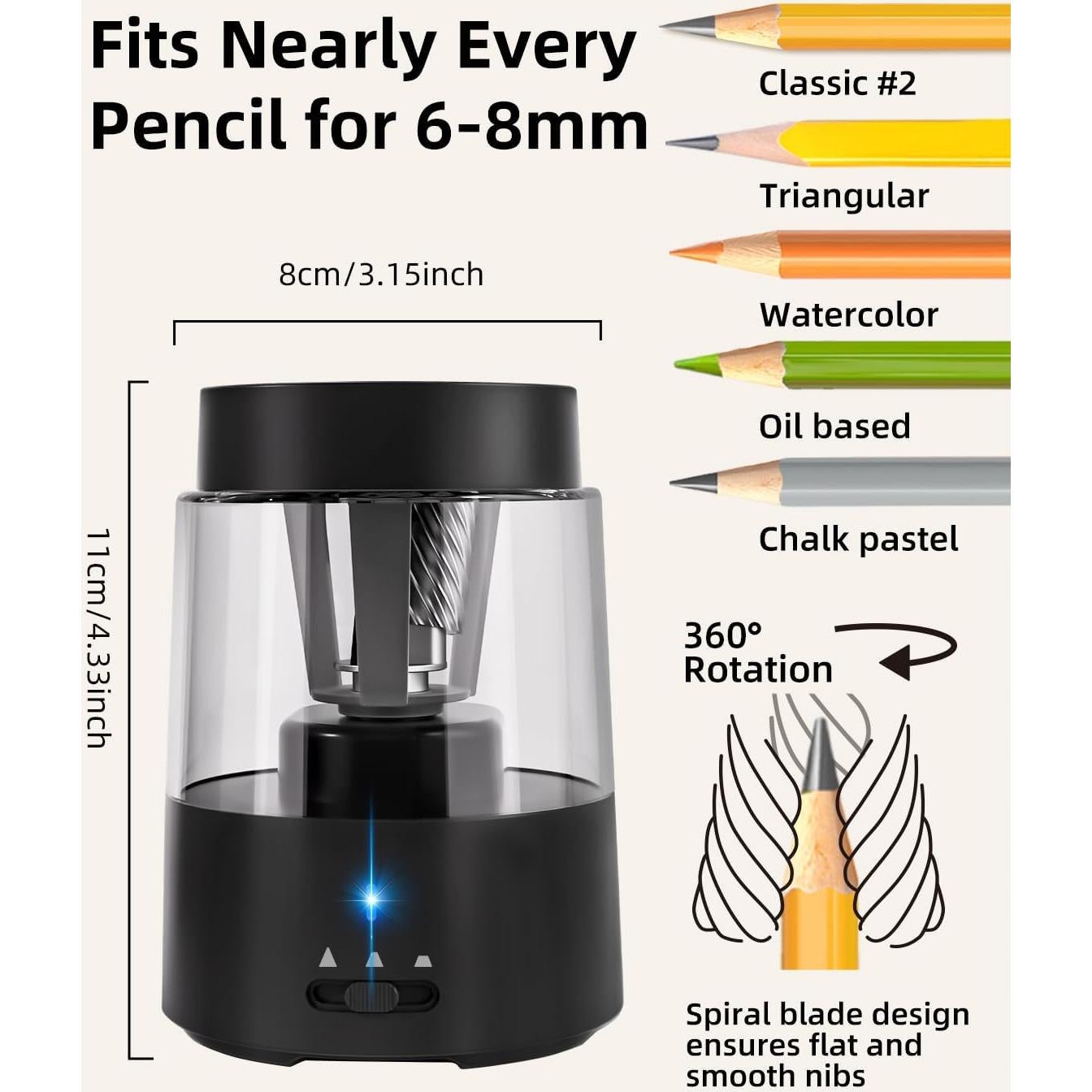 Afilador Eléctrico de Lápices ZMOL Recargable 6-8mm