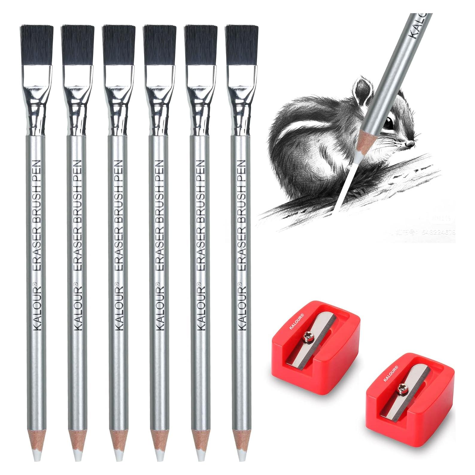 Lápices Borradores KALOUR - 6 Piezas con Brocha y Sacapuntas