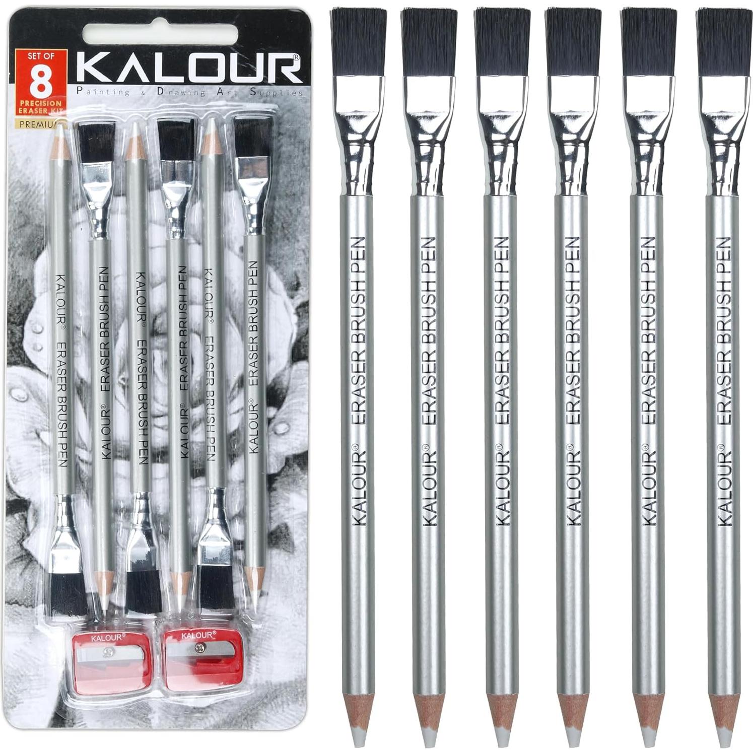 Lápices Borradores KALOUR - 6 Piezas con Brocha y Sacapuntas