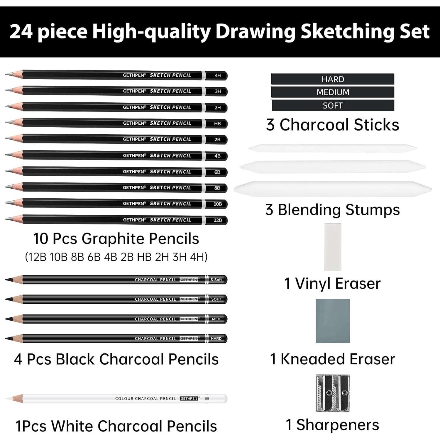 Juego de Lápices de Dibujo Profesional GETHPEN 24 Piezas