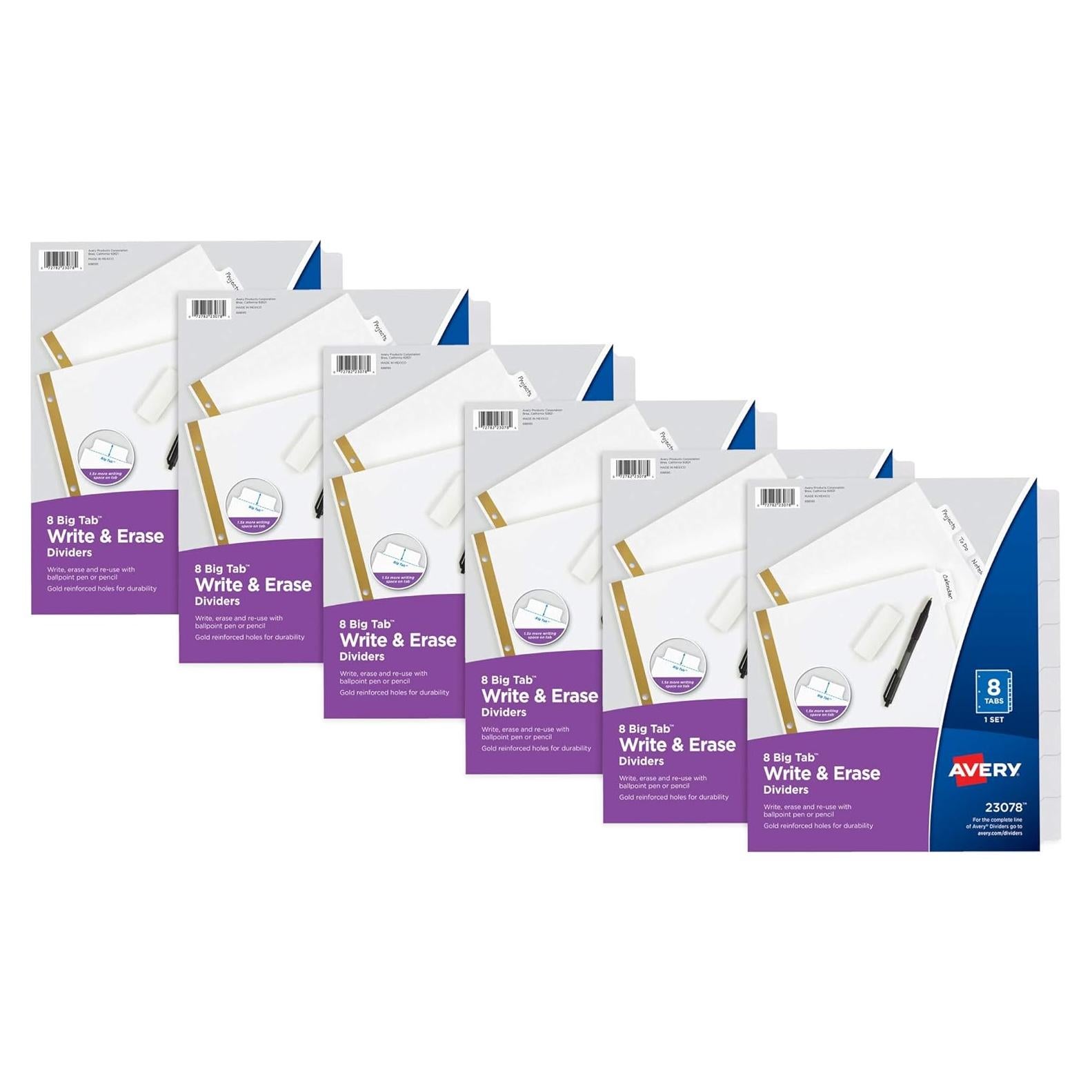 Separadores de papel Avery Big Tab Write & Erase, 8 pestañas, 6 juegos