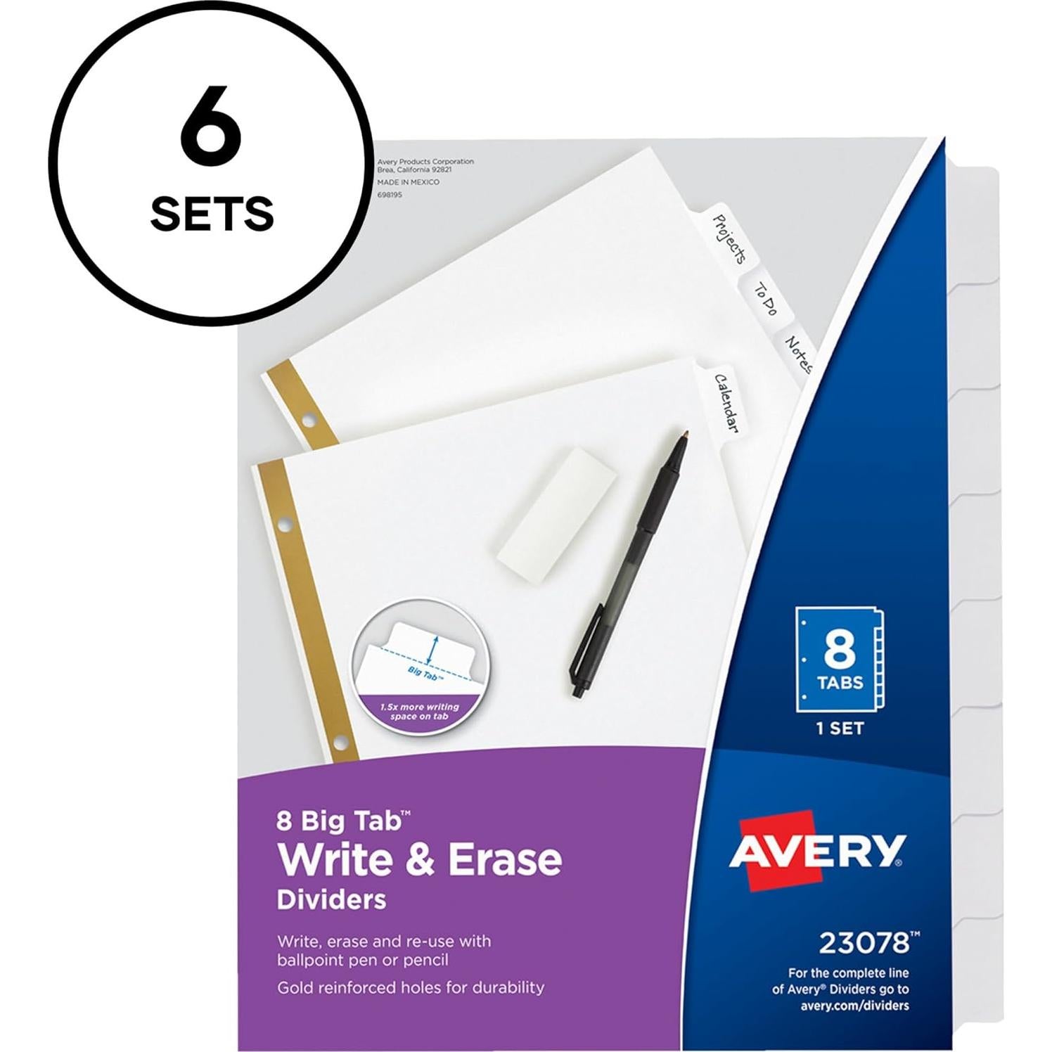 Separadores de papel Avery Big Tab Write & Erase, 8 pestañas, 6 juegos