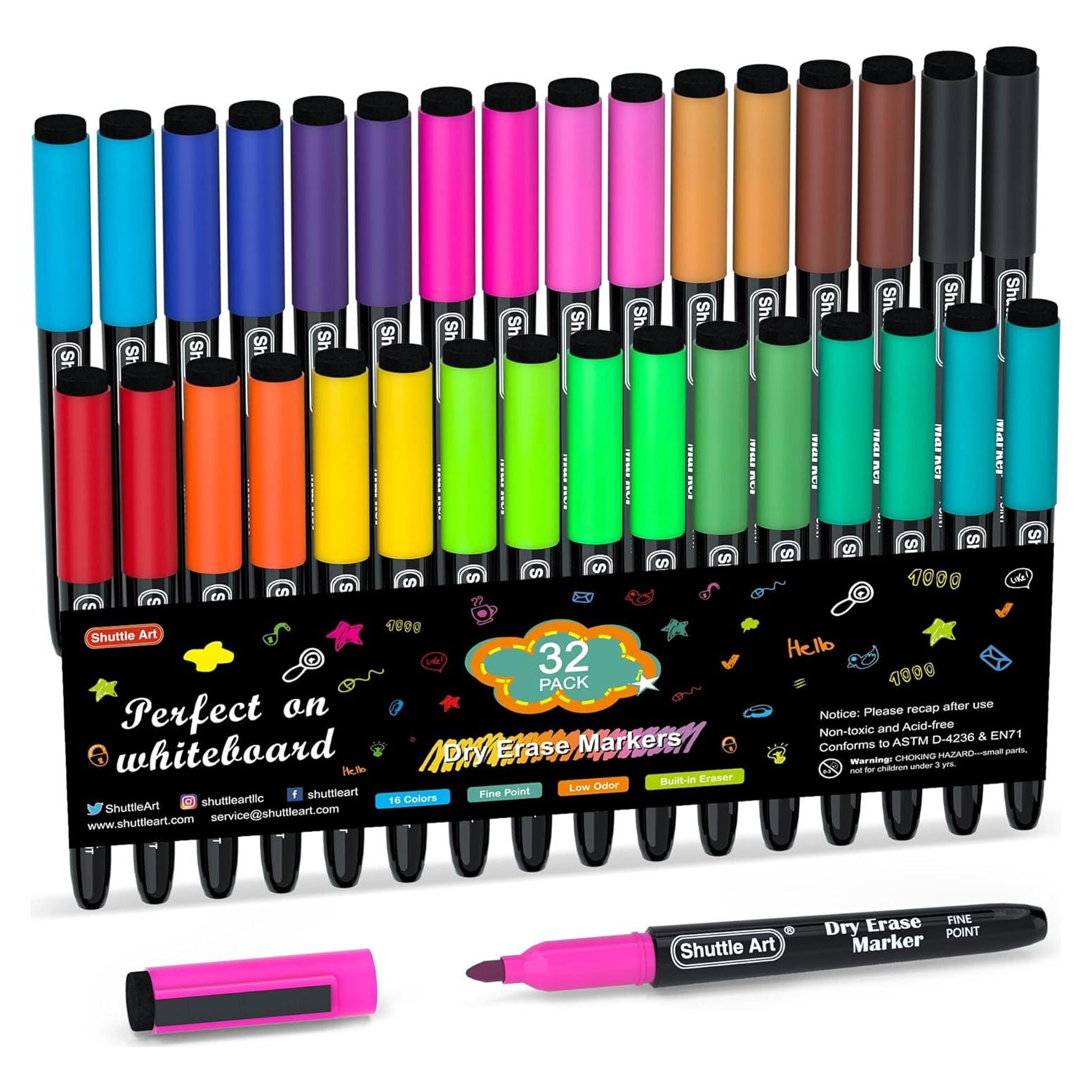 Marcadores de Pizarra Blanca Shuttle Art, Paquete 32, 16 Colores