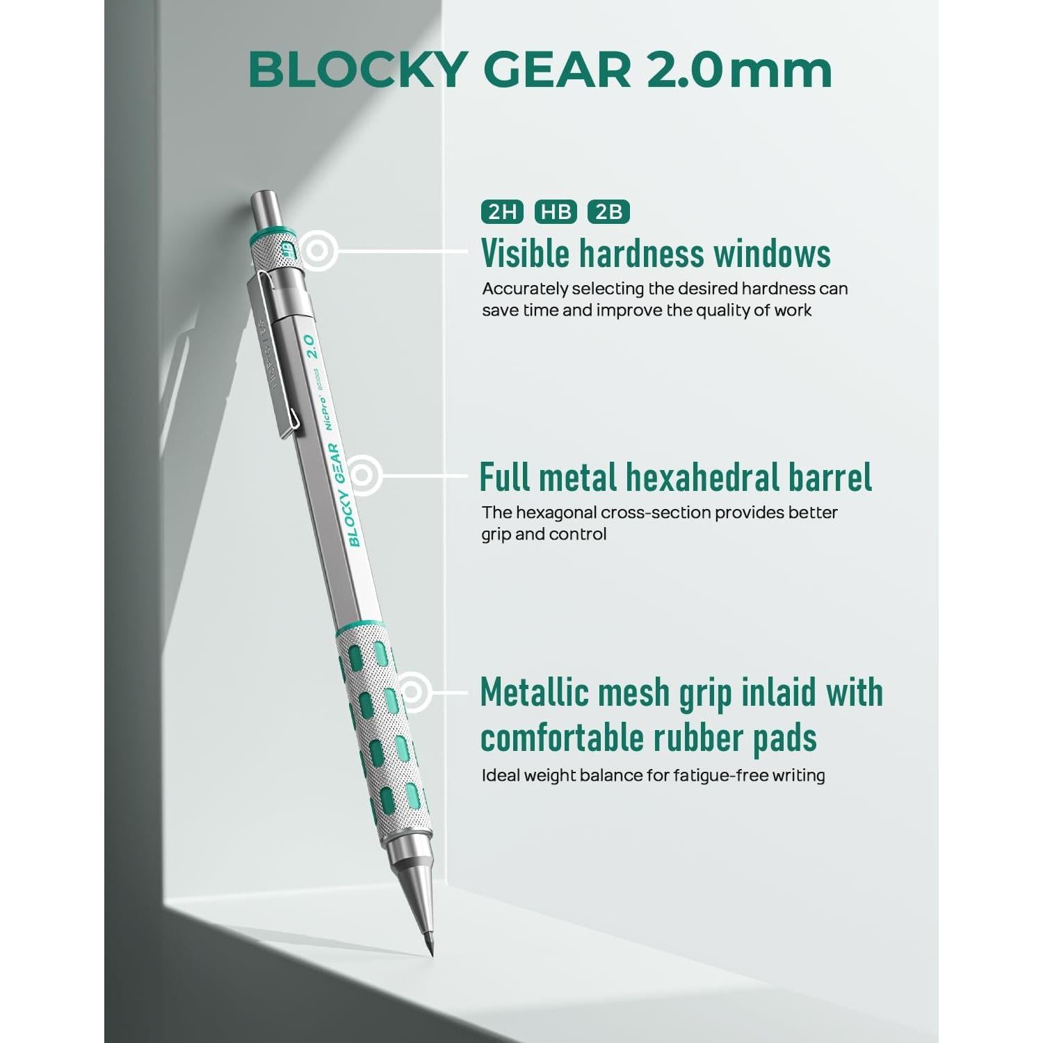 Lápiz Mecánico Nicpro Blocky Gear 2mm con Estuche y Recargas