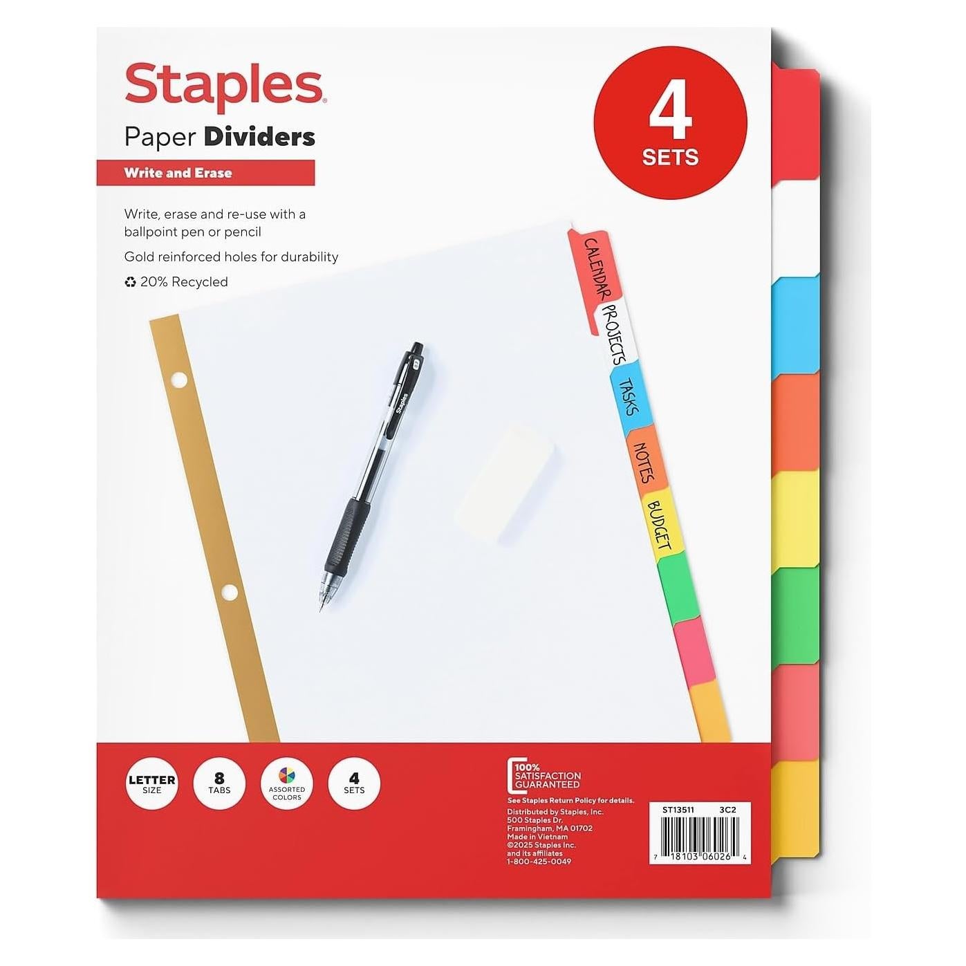 Separadores de 8 Pestañas STAPLES Multicolor para Carpetas A4