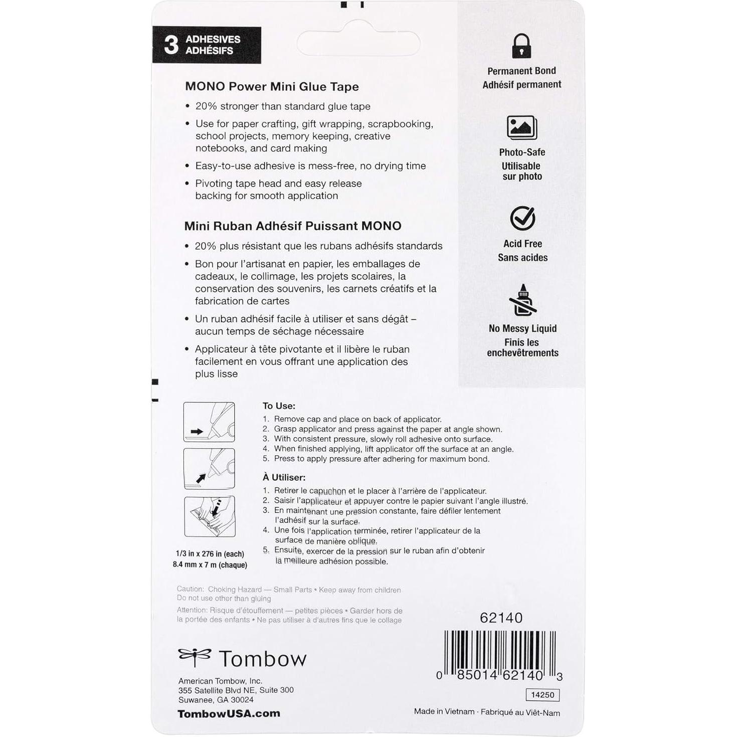 Cinta de Pegamento Mini Tombow 62140, Paquete de 3 Aplicadores