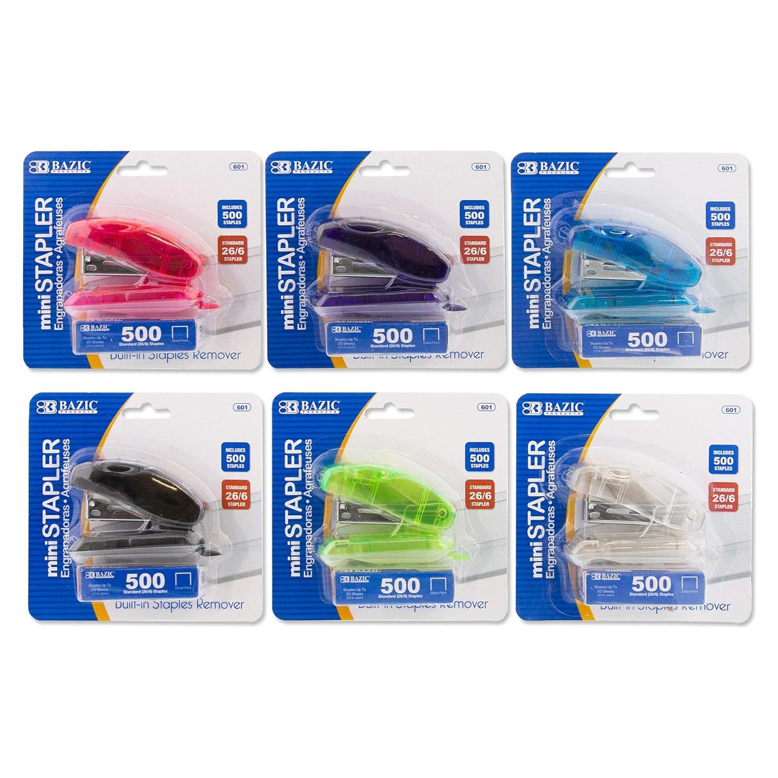 Grapadora Mini BAZIC con 500 Grapas Estándar y Removedor