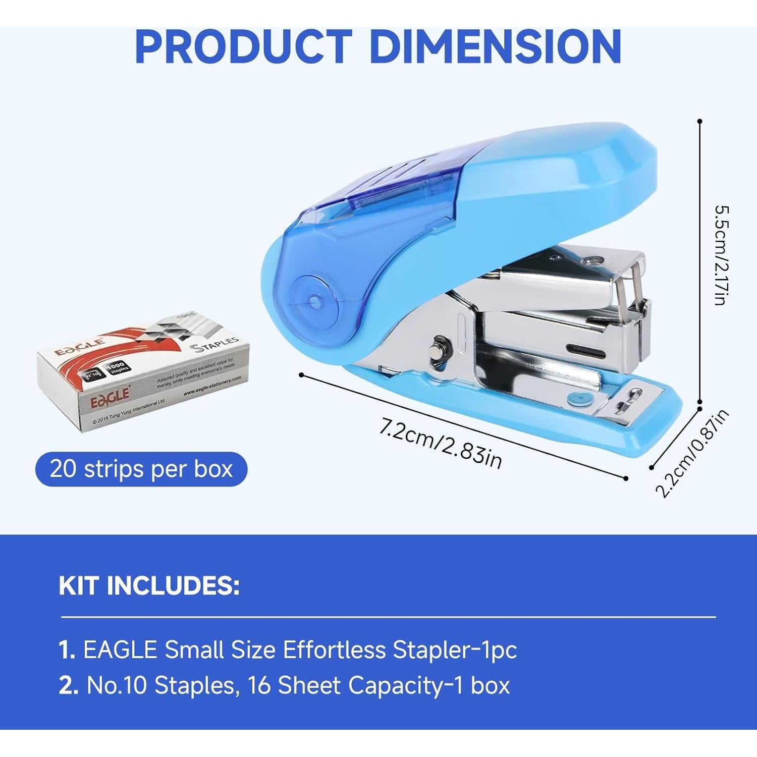 Grapadora Mini Eagle TYSS010 Azul, Capacidad 20 Hojas, 1000 Grapas