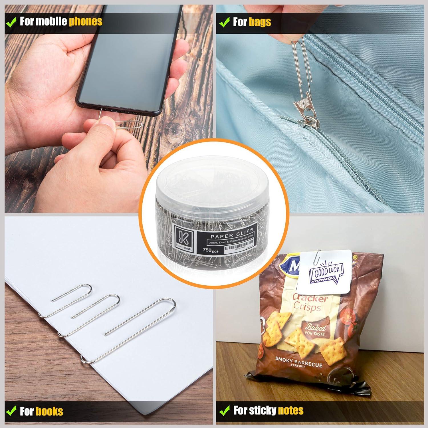 750 Clips de Papel Variados Kempshott - Jumbo, Medianos y Pequeños