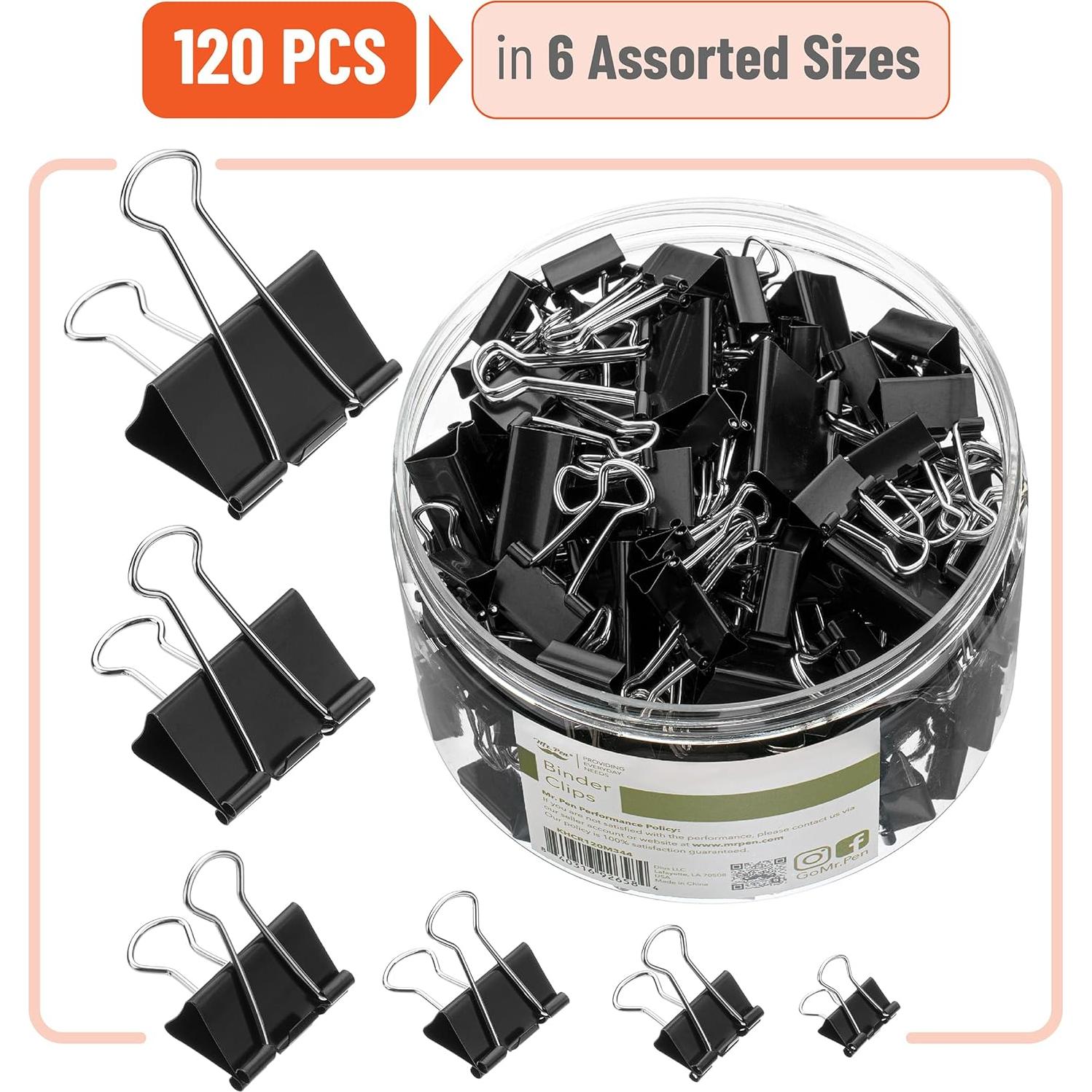 Clips de Encuadernación Mr. Pen, 120 Pcs, Negro, 6 Tamaños