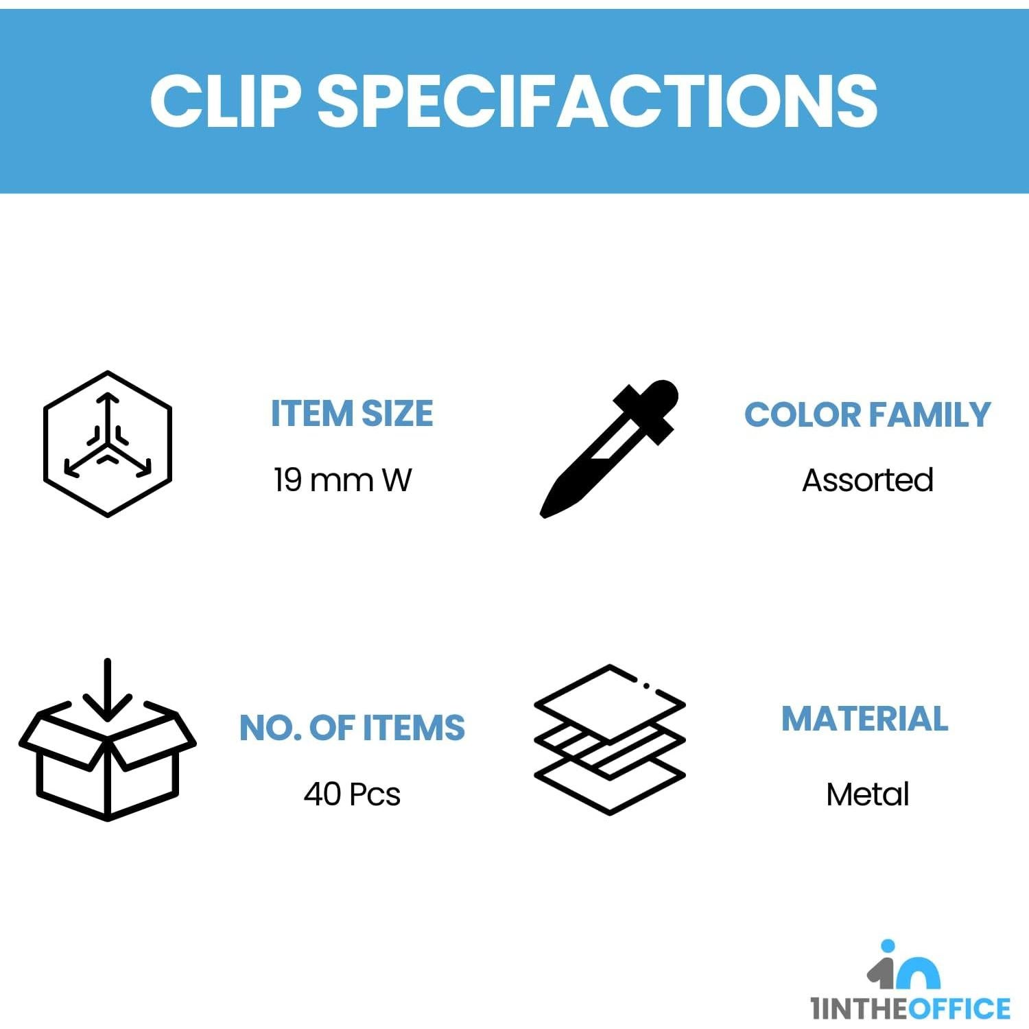 Clips de Carpeta Pequeños 1.9 cm 80 Piezas 1EnLaOficina Colores