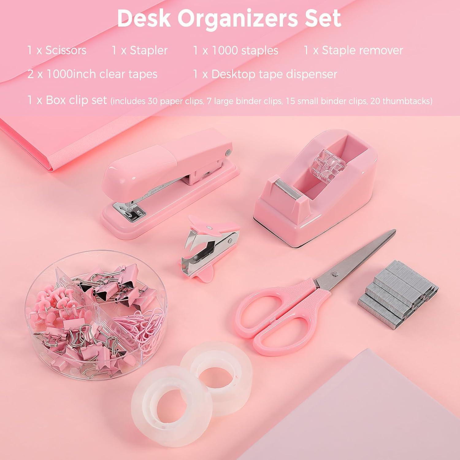 Juego de Suministros de Oficina SKYDUE Rosa - Grapadora, Tijeras y Clips