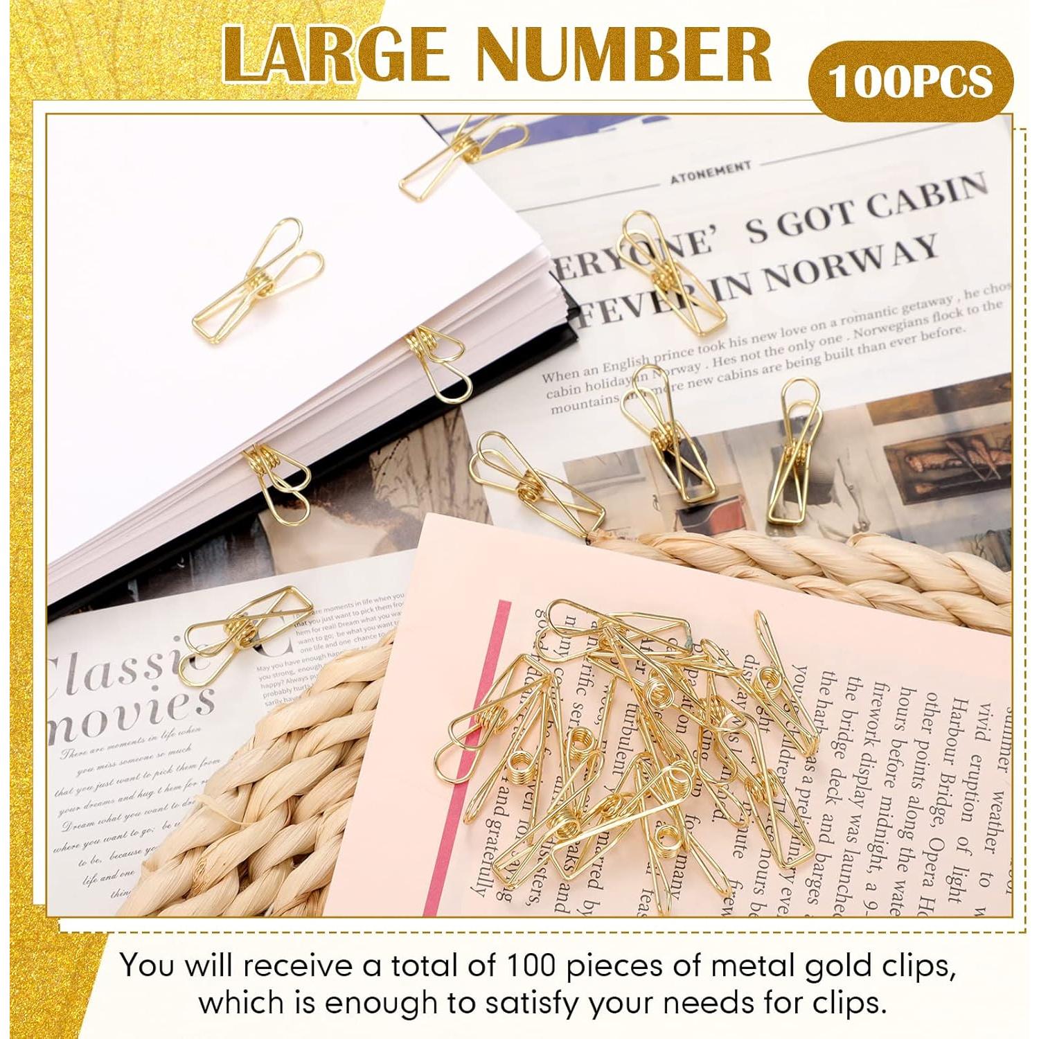 100 Clips de Papel Dorados Sabary de Acero Inoxidable Pequeños