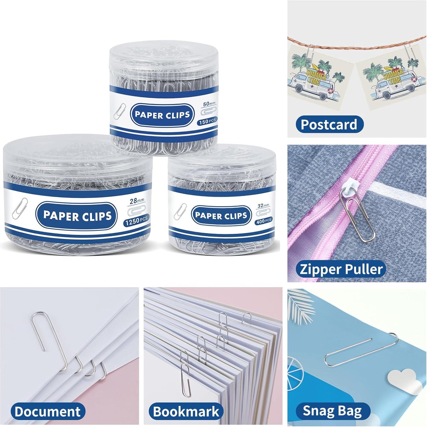 1800 Clips de Papel BainGesk Variados 50mm, 33mm, 28mm Duraderos