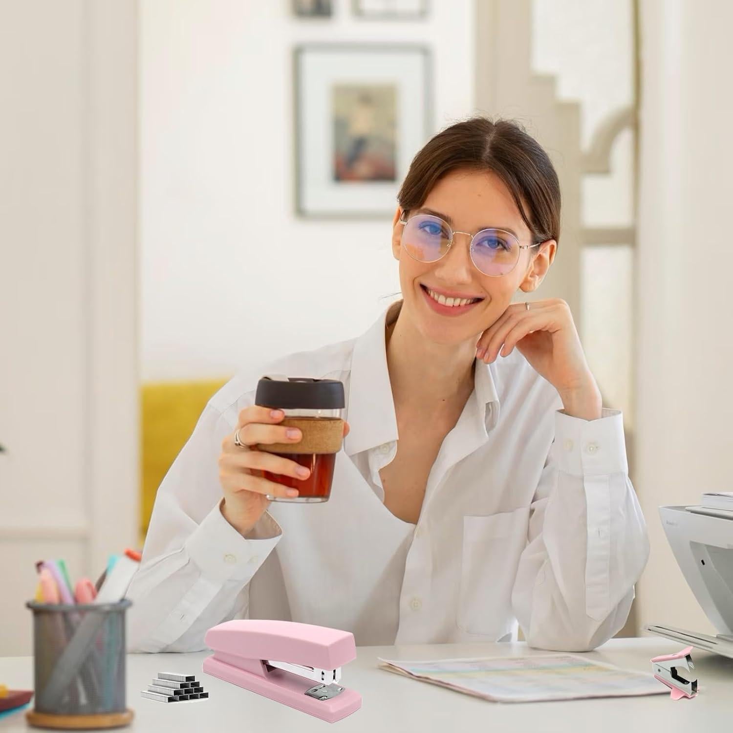 Grapadora de Oficina Rosa UPSIME 25 Hojas 2000 Grapas