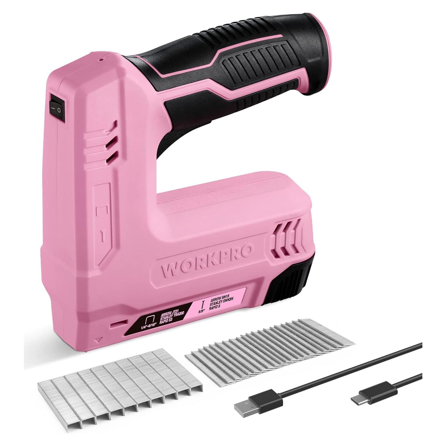 Pistola de Grapas Eléctrica WORKPRO 3.6V Rosa 2000 Grapas