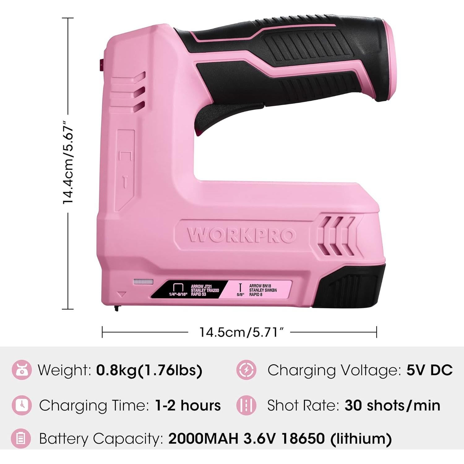 Pistola de Grapas Eléctrica WORKPRO 3.6V Rosa 2000 Grapas