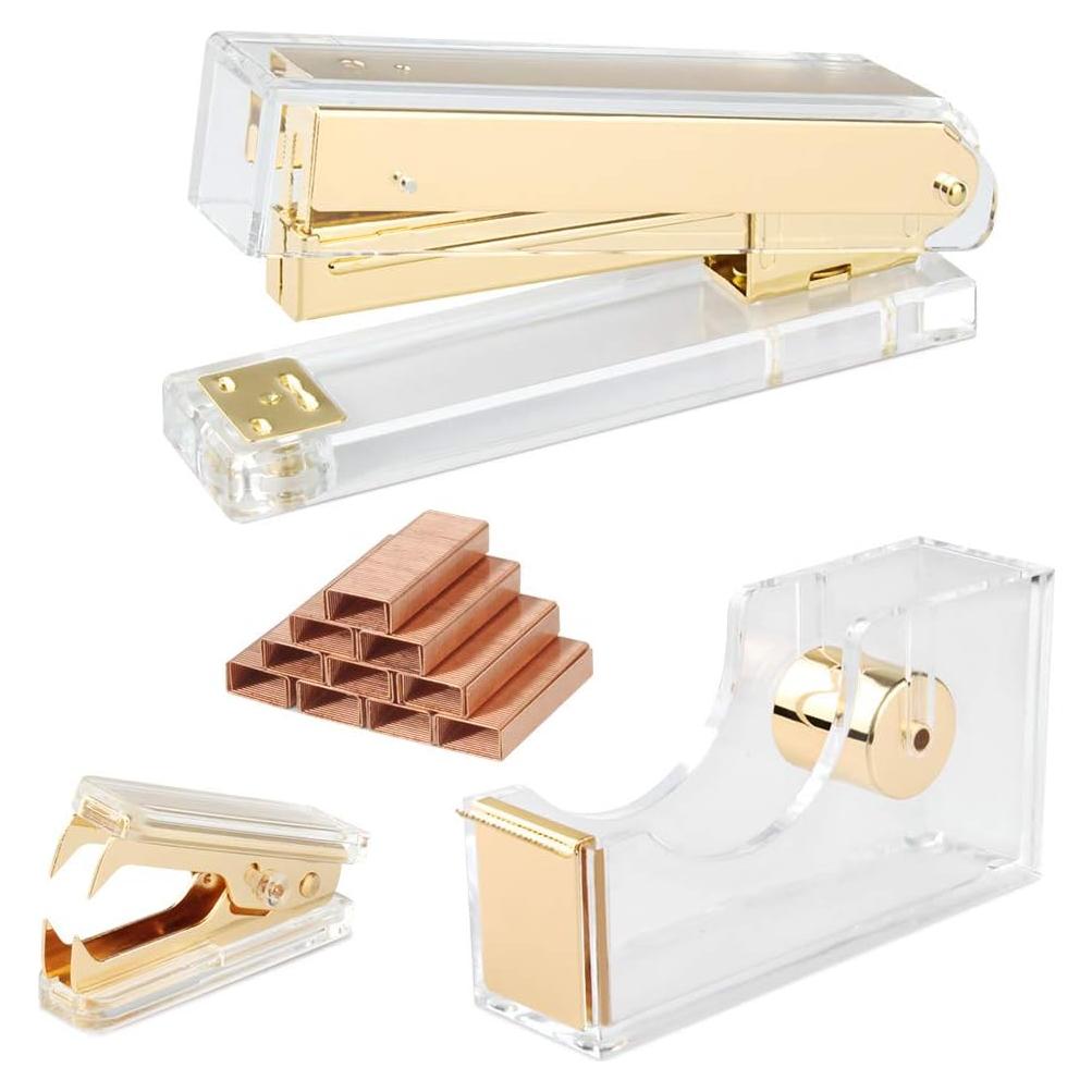 Juego de Grapadora Acrílica Dorada Geila con 1000 Grapas