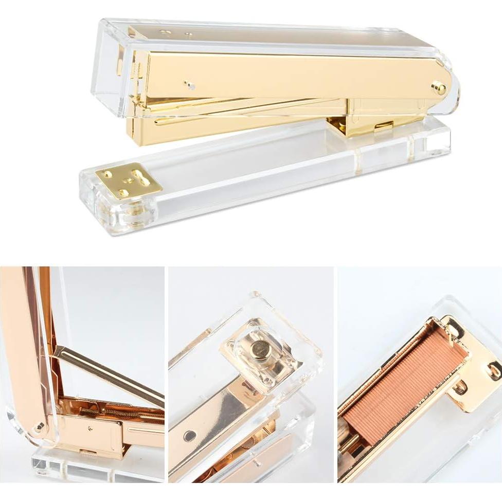 Juego de Grapadora Acrílica Dorada Geila con 1000 Grapas