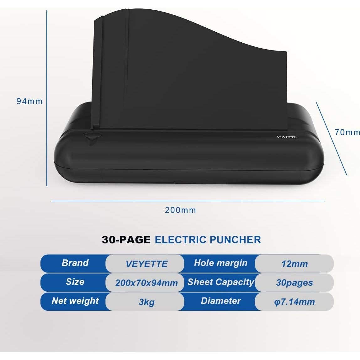 Perforadora Eléctrica VEYETTE 3 Agujeros 30 Hojas Negro