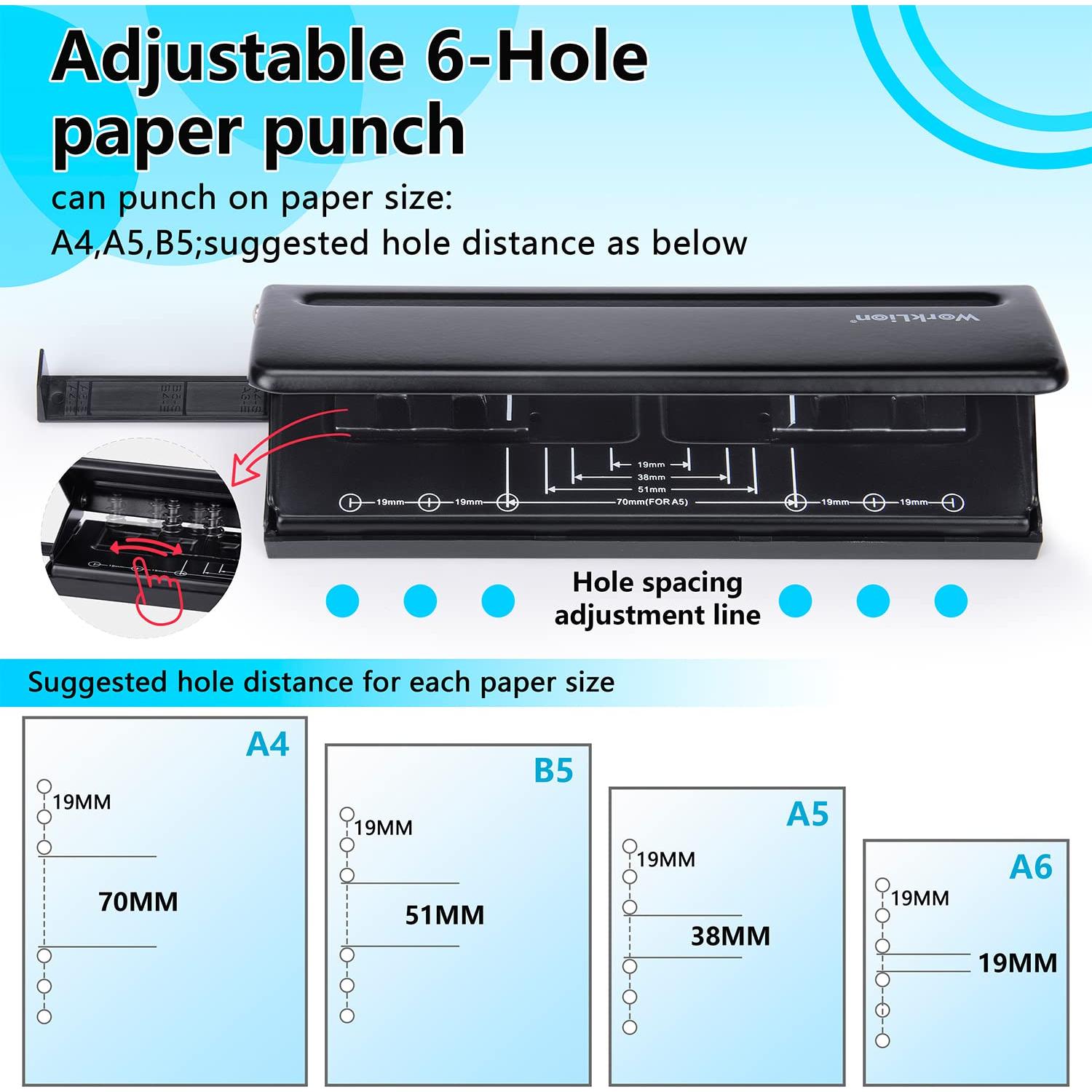 Perforadora Ajustable WORKLION 6 Agujeros A5 - 19.3 cm
