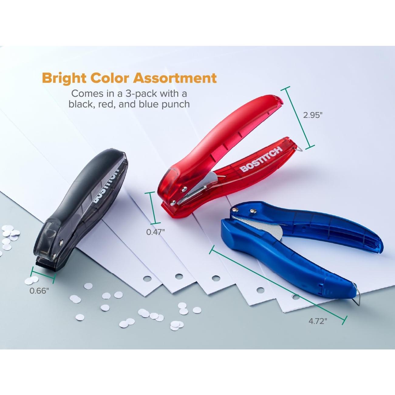 Perforadora Bostitch EZ Squeeze 1 Agujero - Paquete de 3, 10 Hojas