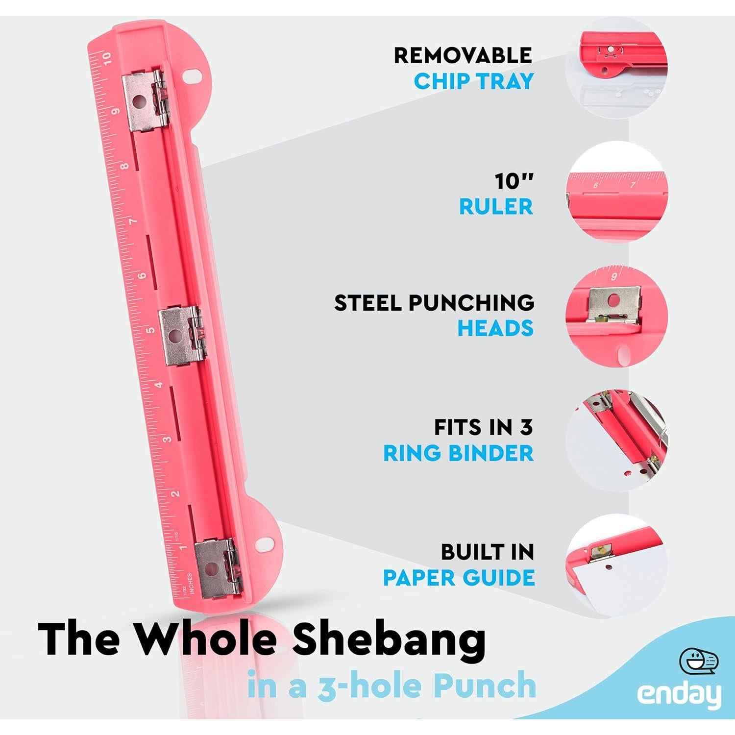 Perforadora de 3 Agujeros Enday Rosa, Capacidad 5 Hojas