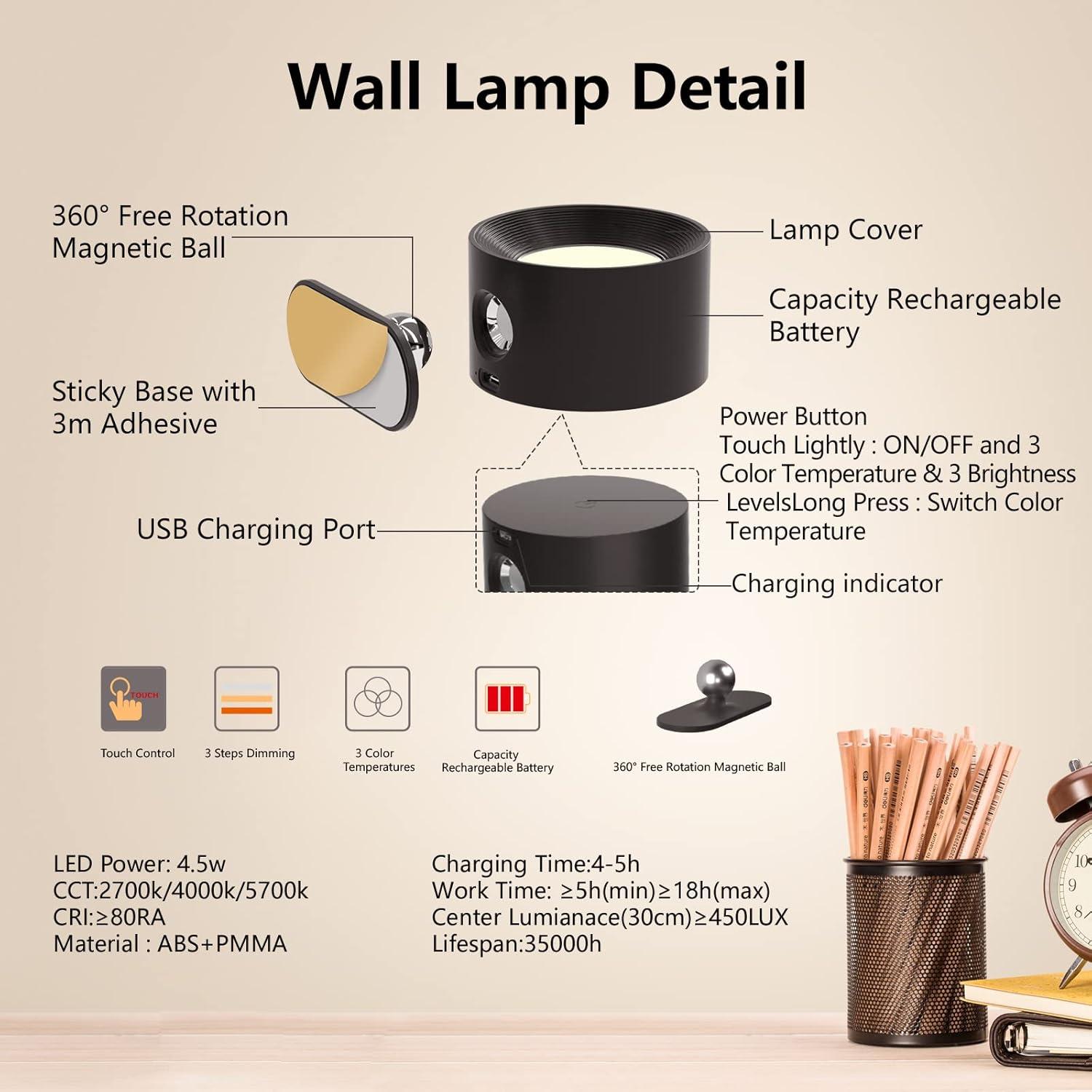 Aplique de Pared LED Deyagoo con Batería Recargable 3 Brillos