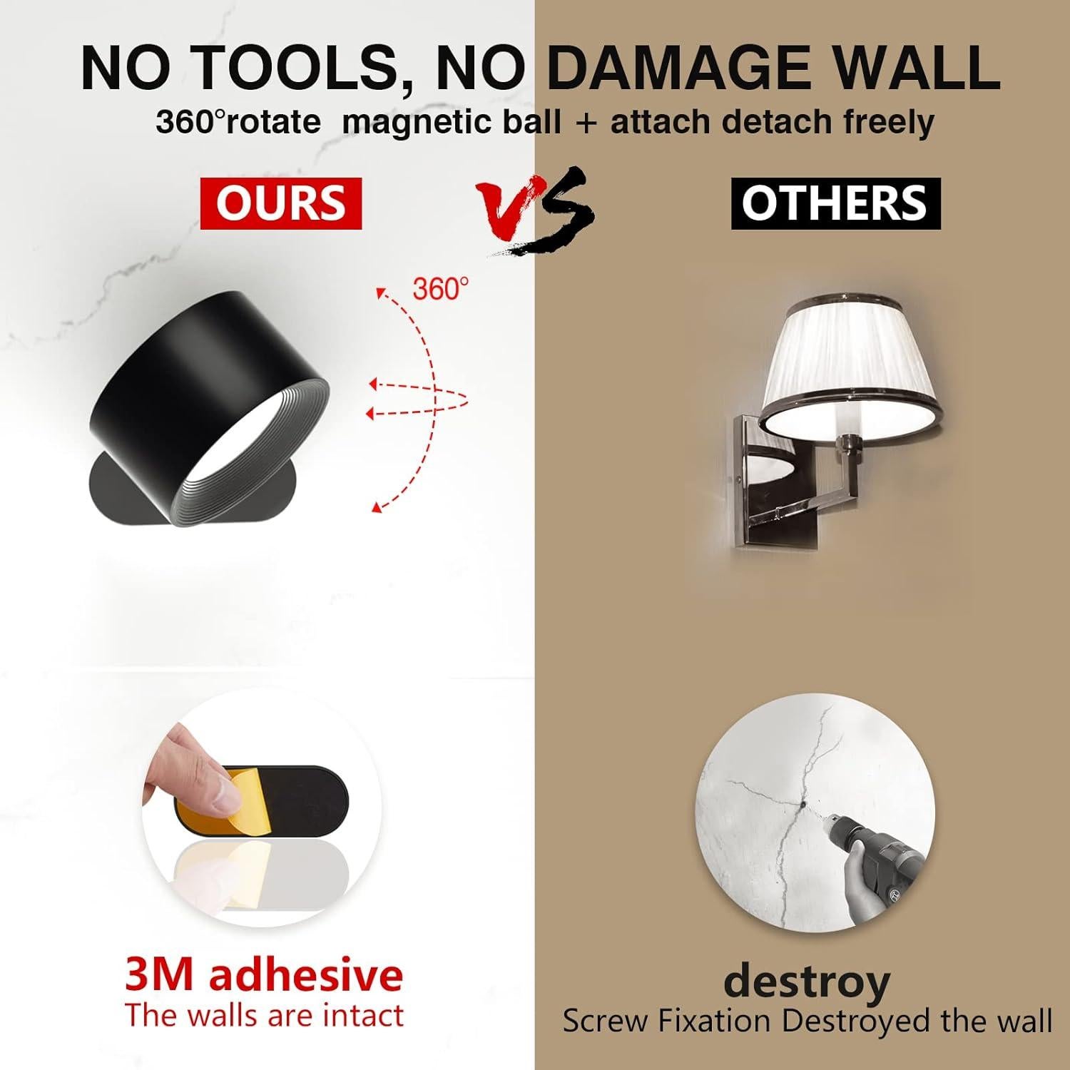 Aplique de Pared LED Deyagoo con Batería Recargable 3 Brillos